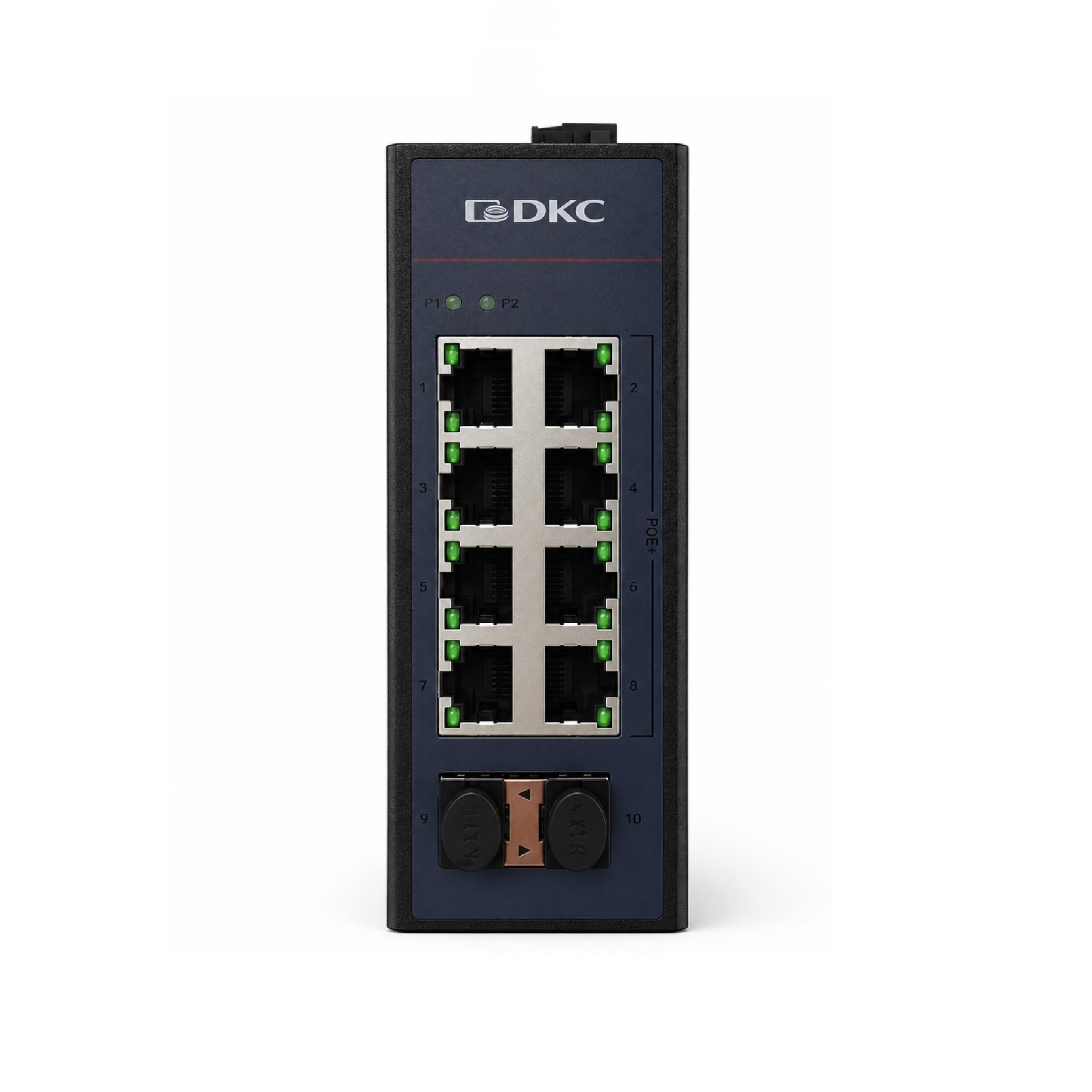 Промышленный неуправляемый коммутатор с POE/POE+, 2×10/100/1000Base SFPслота, 8×10/100/1000Base-T(X) портов RJ45 (8×POE), 48-57 DC,резервированием