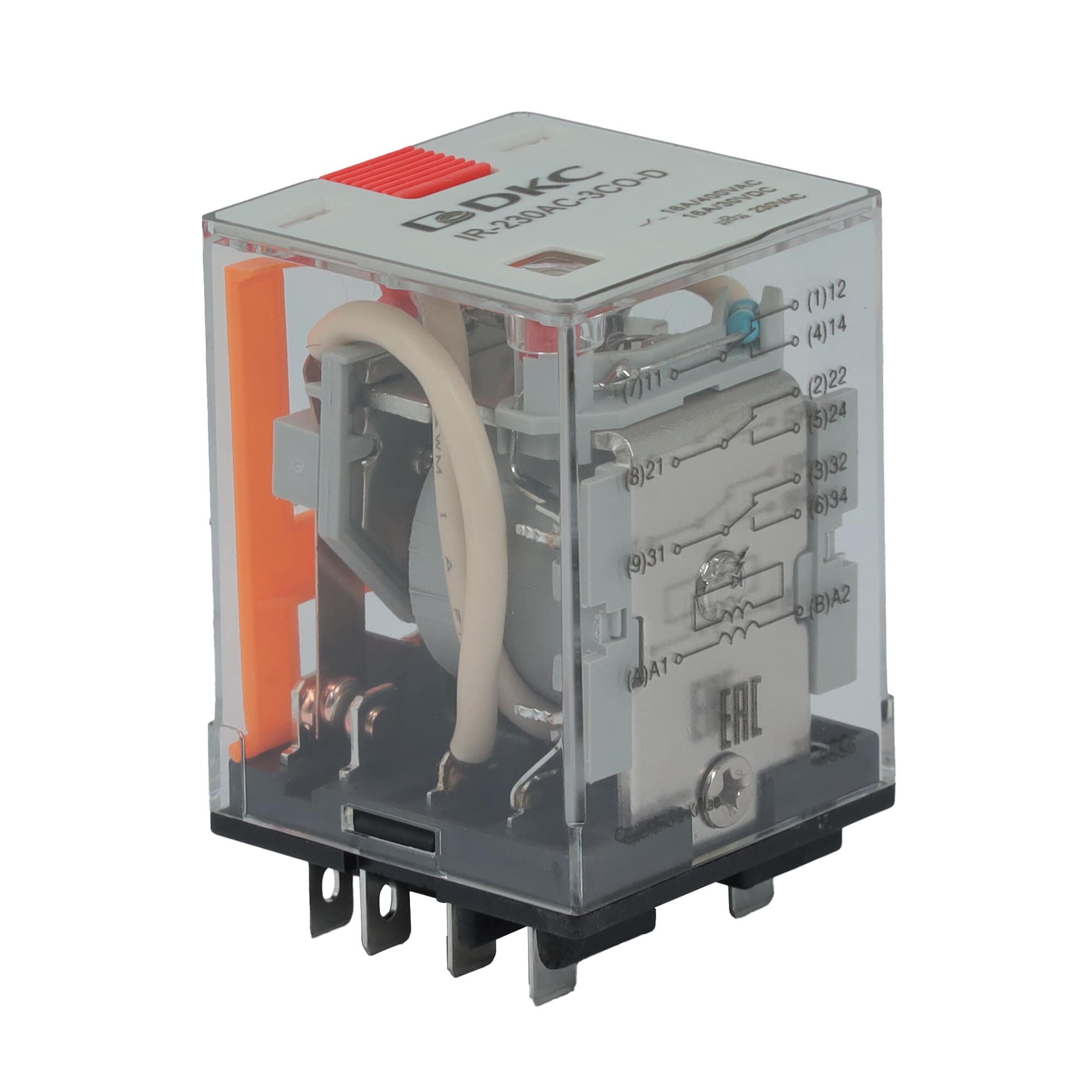 Реле миниатюрное силовое, 3CO, ком. ток 16А, AgSnO2, напряжение 230V AC, опция: тест-кнопка+светодиод Реле миниатюрное силовое, 3CO, ком. ток 16А, AgSnO2, напряжение 230V AC, опция: тест-кнопка+светодиод