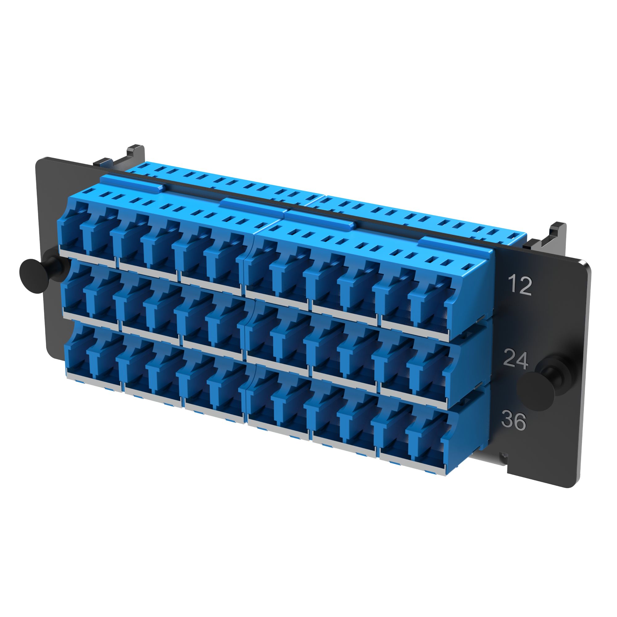 Оптические адаптерные планки Адаптерная планка 18xLC-UPC двухволоконный (Duplex) адаптеров (цвет адаптеров - cиний), (c интегрированными шторками), OS2, 1 HU DKC|ДКС