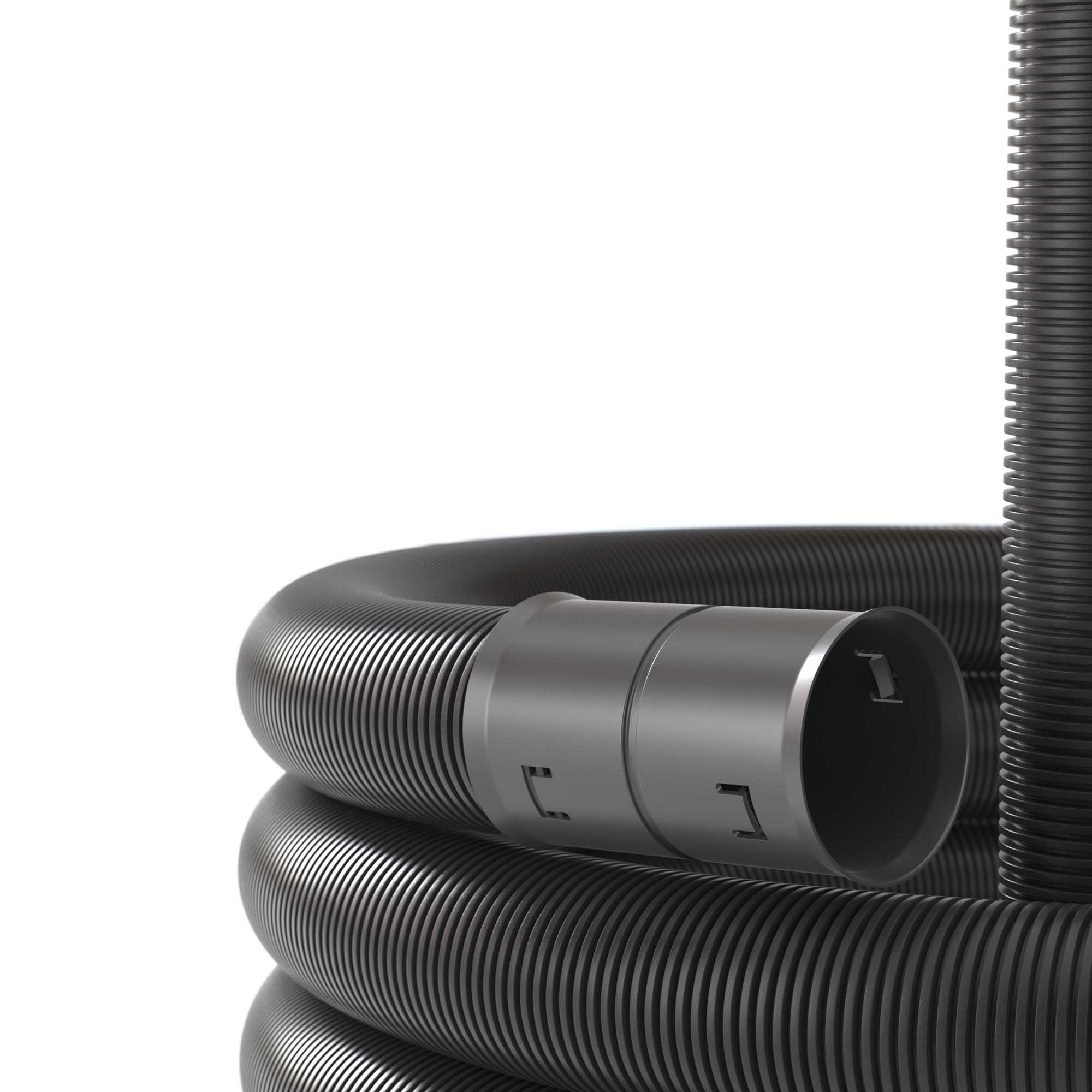 Двустенная труба ПНД гибкая для кабельной канализации д.75мм с протяжкой, SN10, 500Н,  в бухте 100м, безгалогеновая, цвет черный