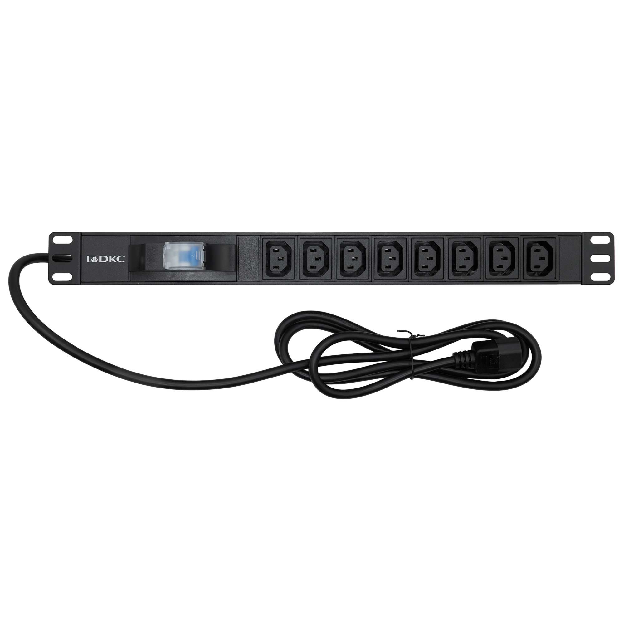 Горизонтальные блоки распределения питания Блок распределения питания (PDU) 19" 10A с автоматом 1P, Вых:8 C13, Вх:C14 DKC|ДКС