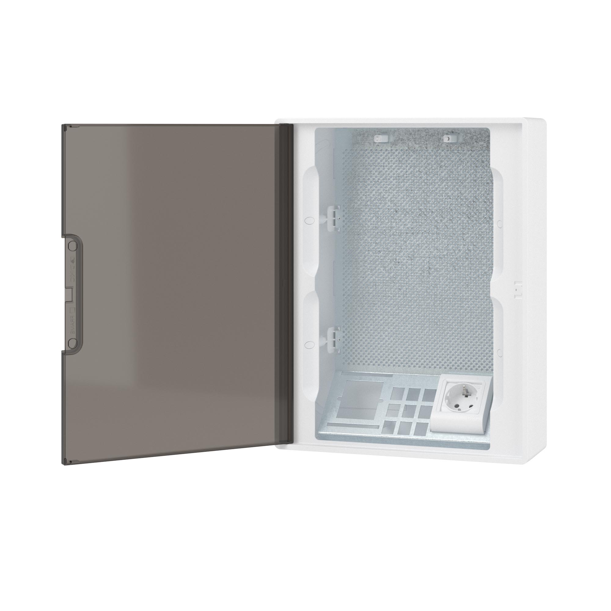 Щиток 24 мод настенный слаботочный Фрейм (FRAME), белый, с тонированной дверцей,  с монтажной платой, 1 розеткой (арт. 76482B) и установочной рамкой