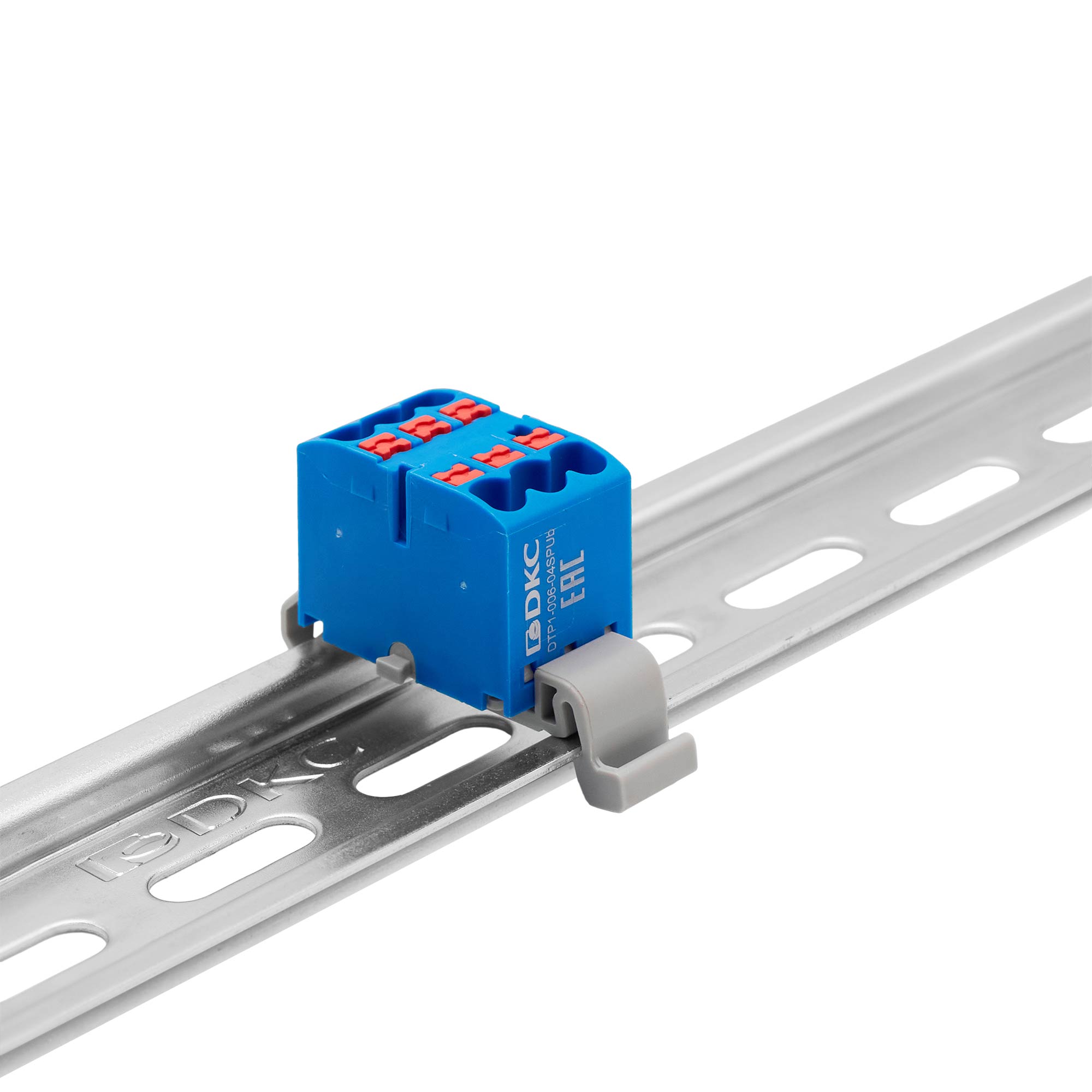 Блок распределительный с гориз. адаптером на рейку шириной 35мм, зажим push-in, 6 точек подключения 2,5 кв.мм, синий