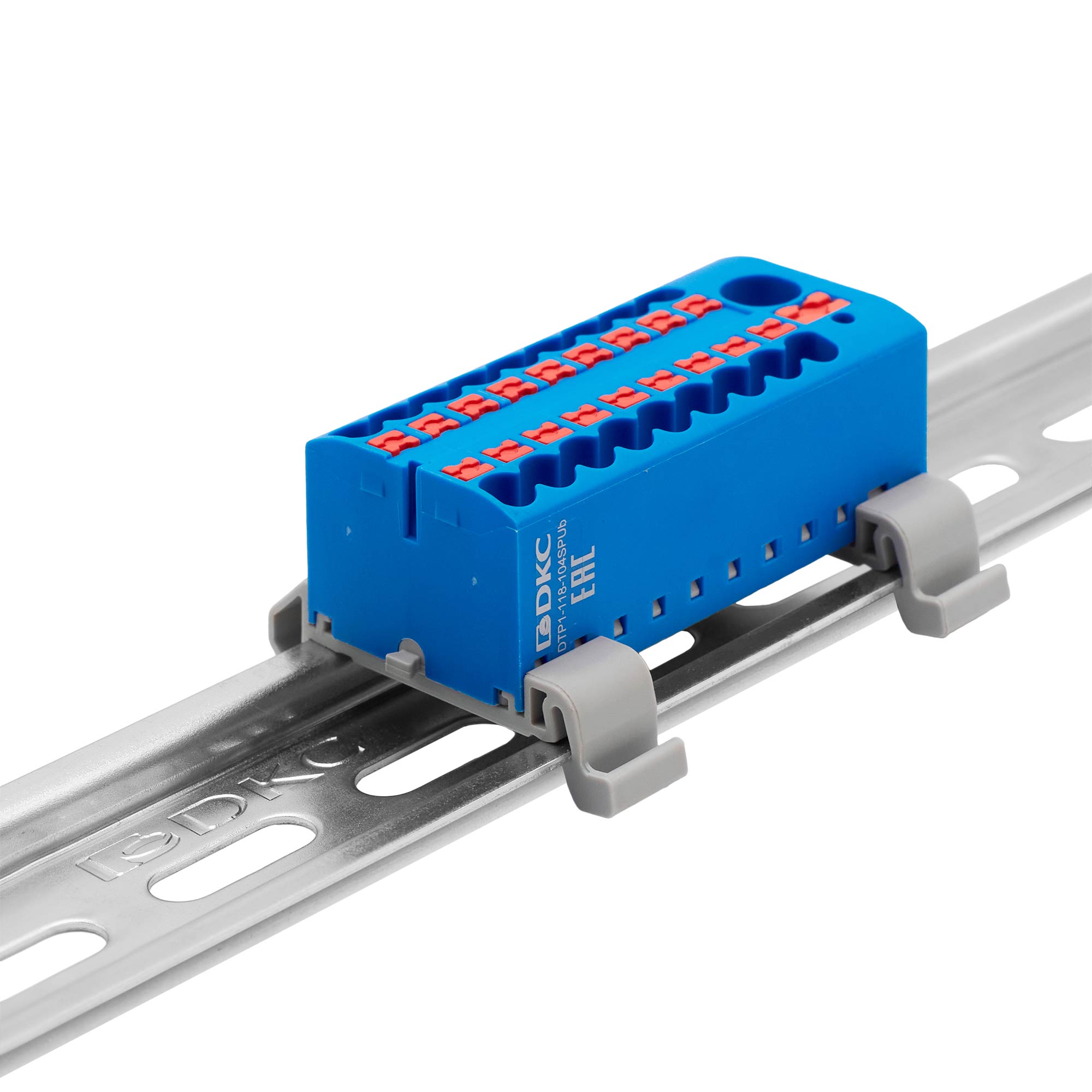 Блок распределительный с гориз. адаптером на рейку шириной 35мм, зажим push-in, 1 ввод 6 кв.мм, 18 точек подключения 2,5 кв.мм, синий