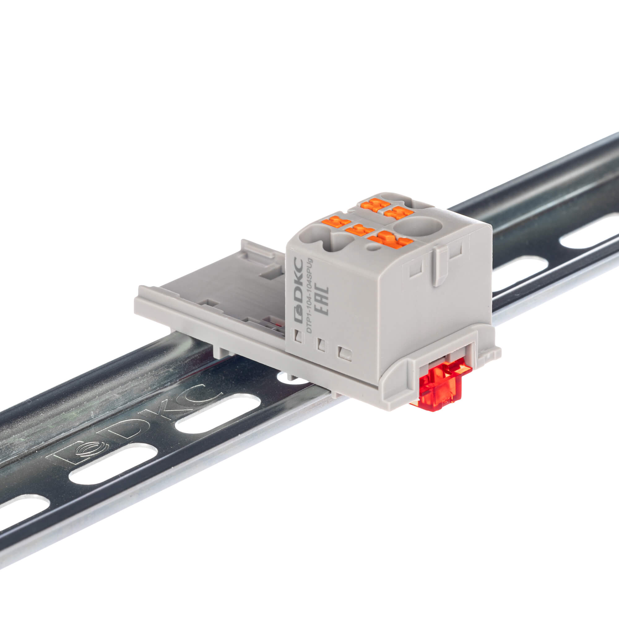 Блок распределительный с верт. адаптером на рейки шириной 15/35мм, зажим push-in, 1 ввод 6 кв.мм, 4 точки подключения 2,5 кв.мм, серый