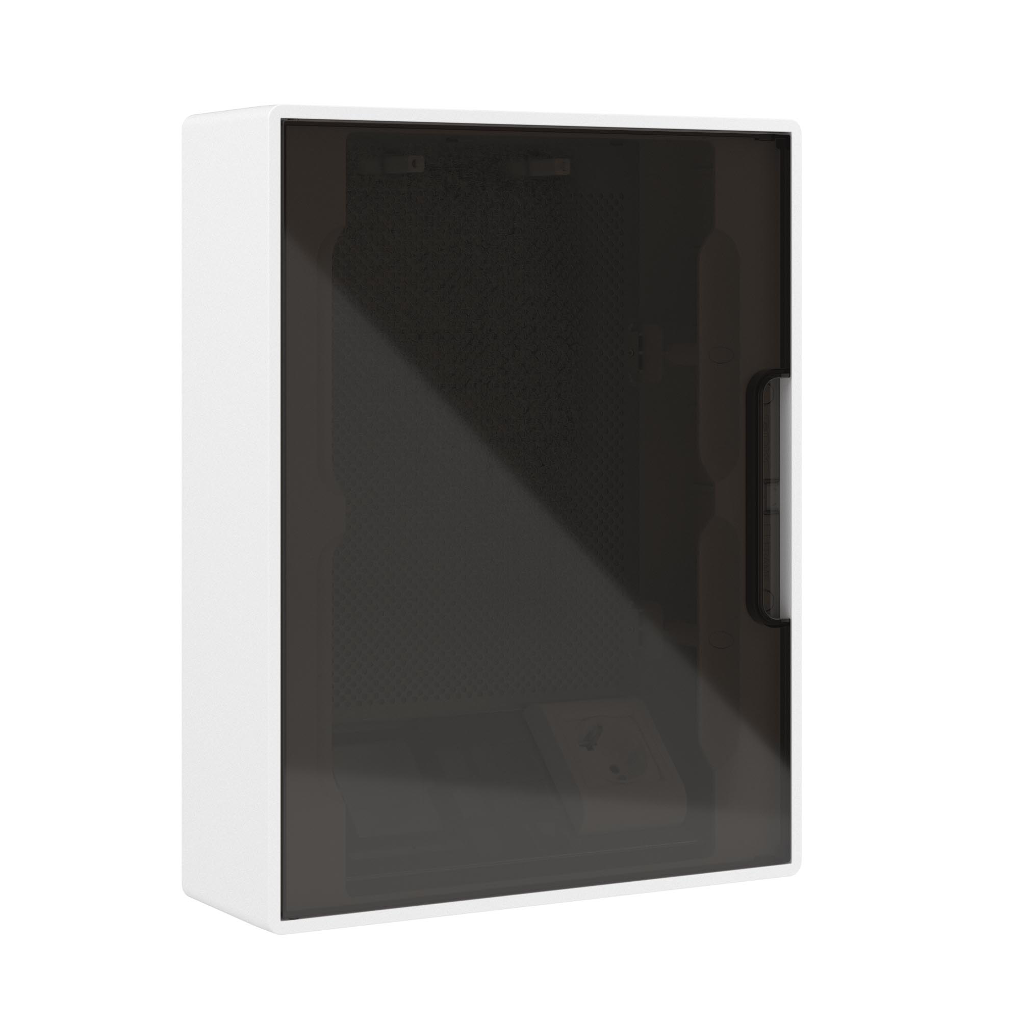 Щиток 24 мод настенный слаботочный Фрейм (FRAME), белый, с тонированной дверцей,  с монтажной платой, 1 розеткой (арт. 76482B) и установочной рамкой