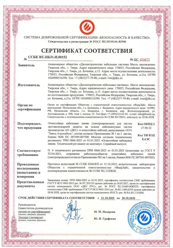 ТРМ 0066-2025 «Завод Агрокабель»  Сертификат соответствия ГОСТ 53316-2021 на огнестойкие кабельные линии, до 20.10.2030