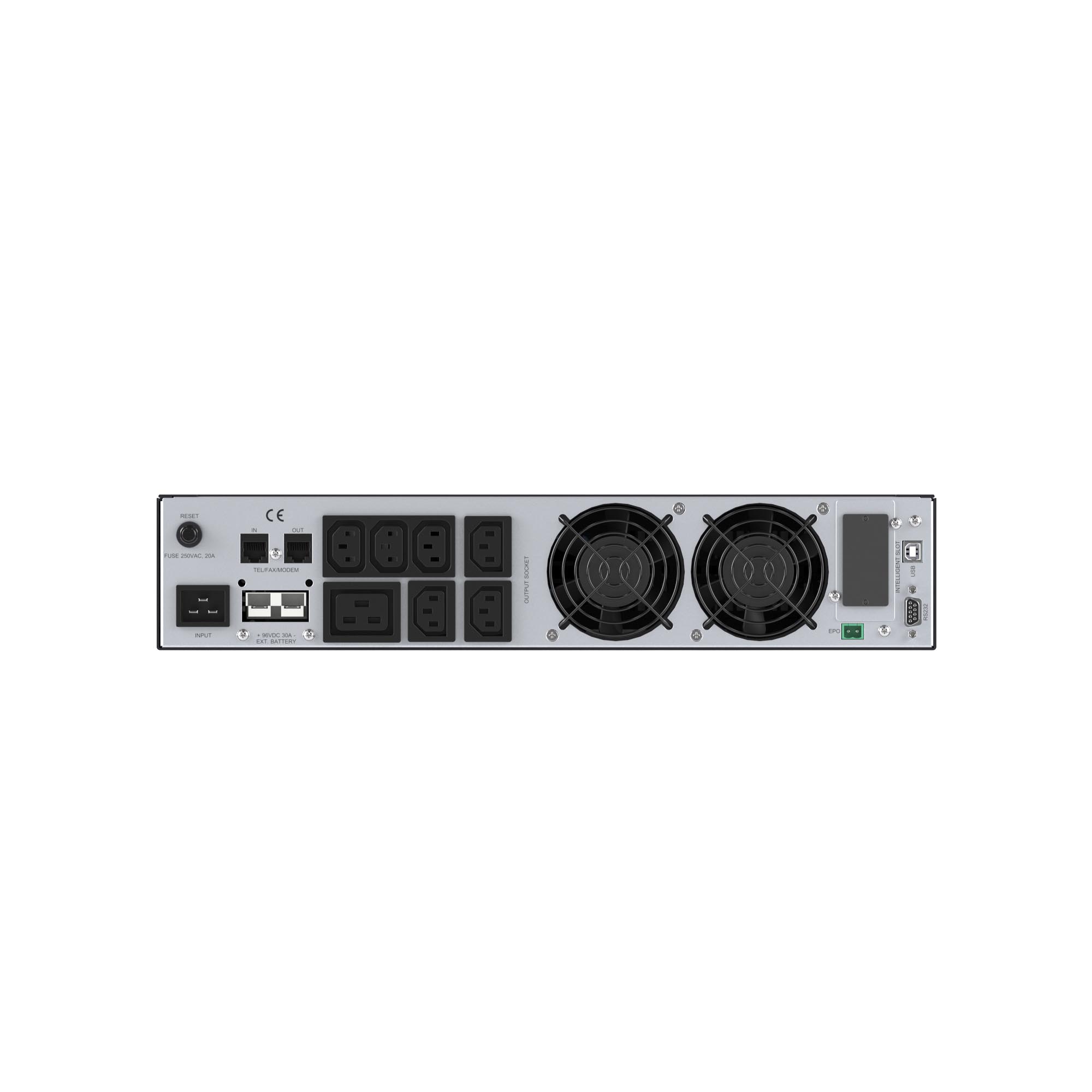 Онлайн ИБП ДКС серии Смолл Рэкмаунт (Small Rackmount), 3000 ВА/2700 Вт, 1/1, 6xIEC C13, 1хIEC C19, EPO, USB, RS-232, Rack 2U, з/у 6А, без АКБ