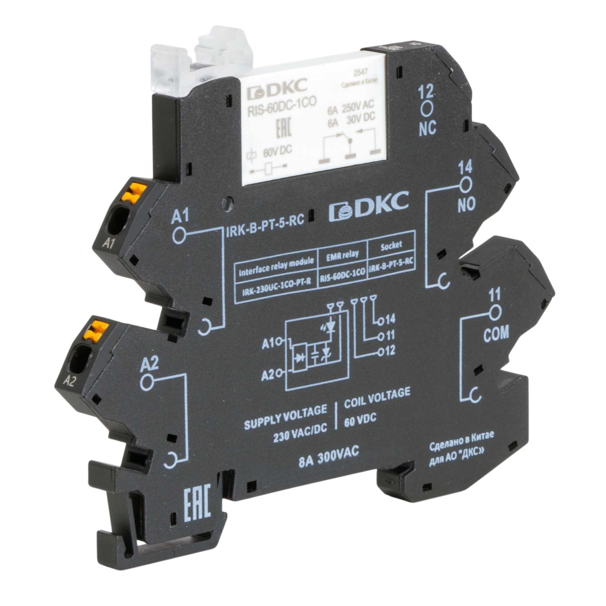 Реле интерфейсное, 1CO, ком. ток 6А, AgSnO₂, напряжение 230V AC/DC, RC-цепь, push-in клеммы.
