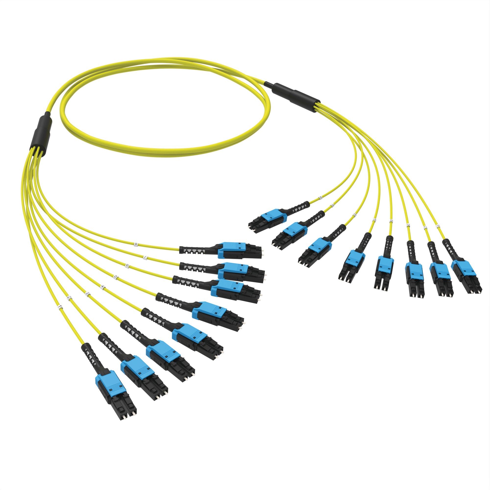 FO cable fanout assembly 16FO OS2 8xLC-UPC Duplex Uniboot/8xLC-UPC Duplex Uniboot, straight polarity, 25m
