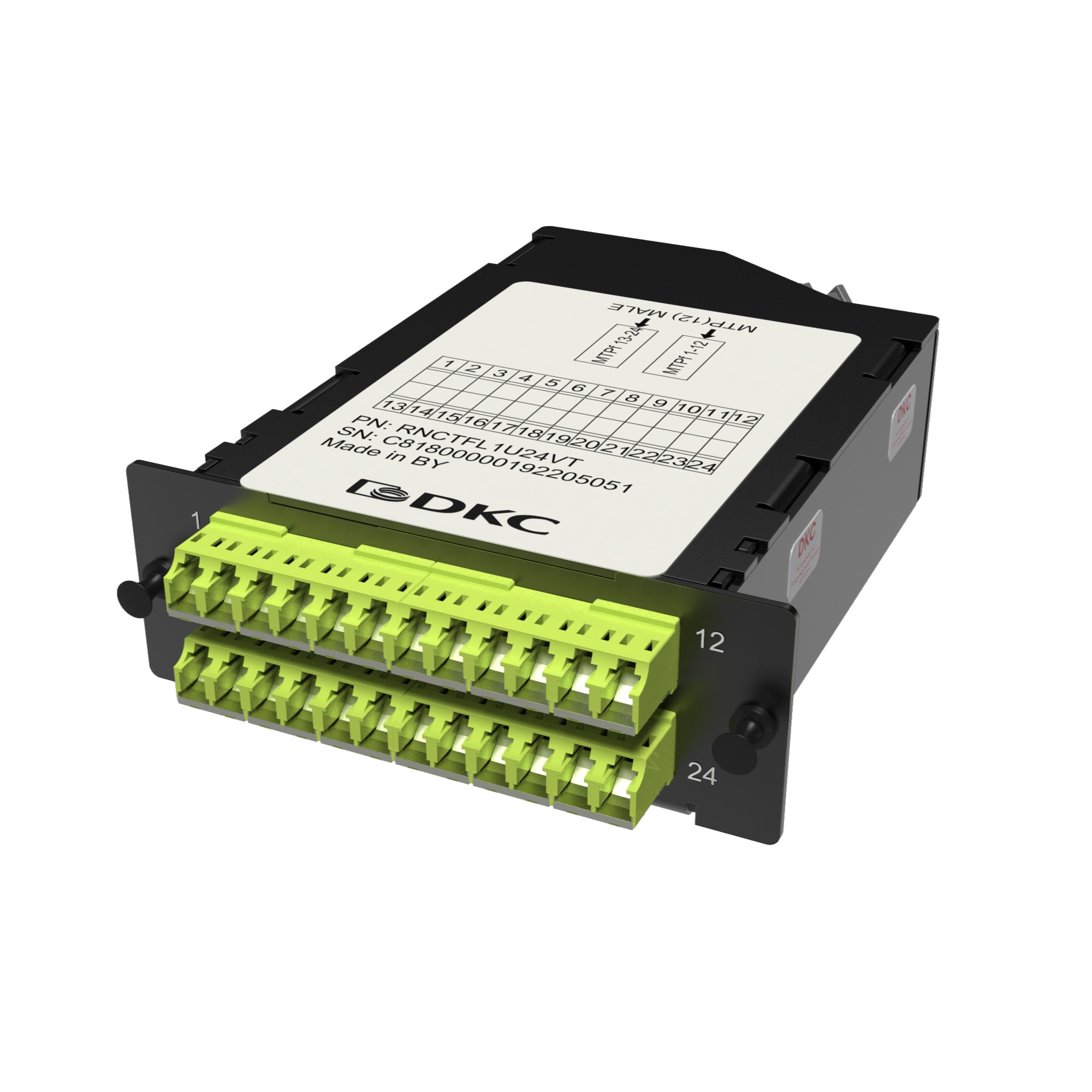 Preterminated cassette 24 FO OM5, 2xMTP(12)f/12xLC Duplex (integrated shutters), 1 HU