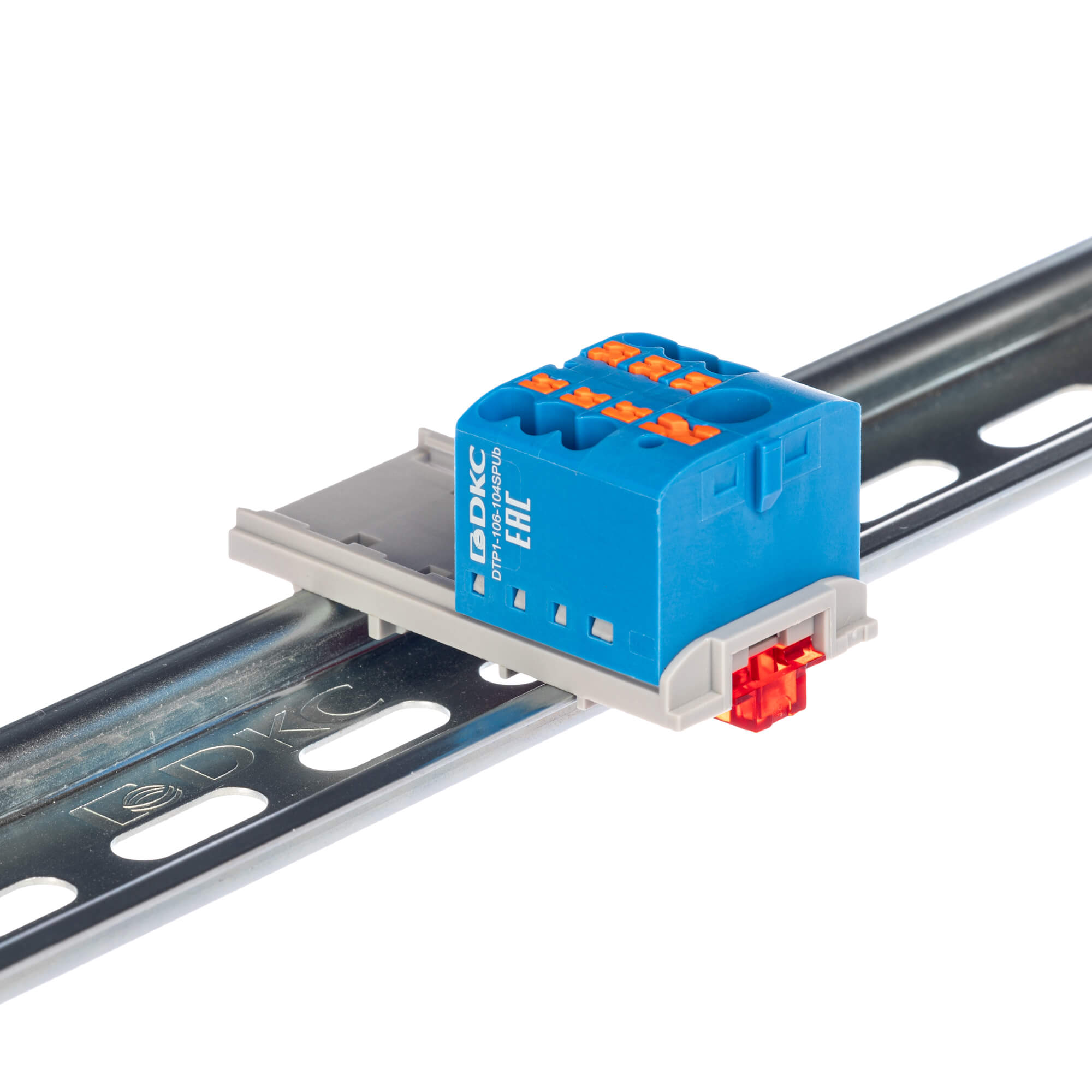 Блок распределительный с верт. адаптером на рейки шириной 15/35мм, зажим push-in, 1 ввод 6 кв.мм, 6 точек подключения 2,5 кв.мм, синий