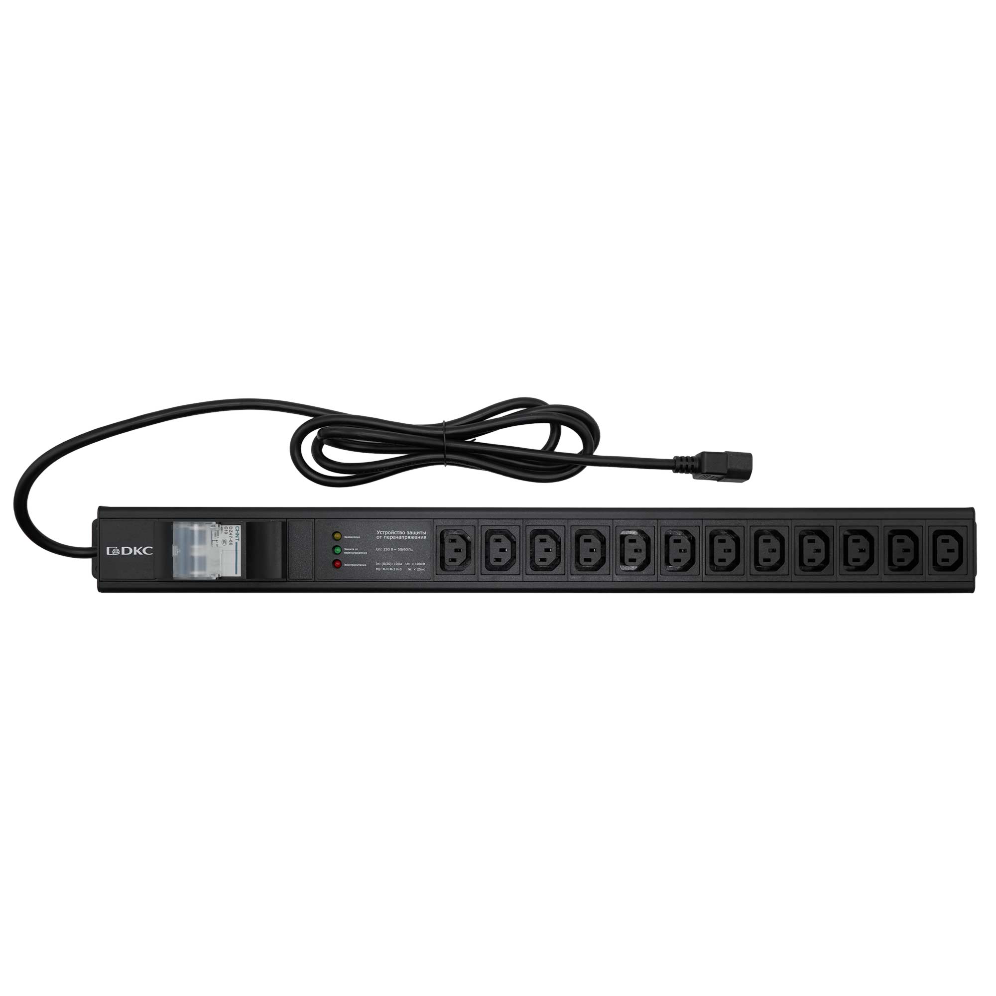 Вертикальные блоки распределения питания Блок распределения питания (PDU) 0U 10A с автоматом 2P и защитой, Вых:12 С13, Вх:С14 DKC|ДКС
