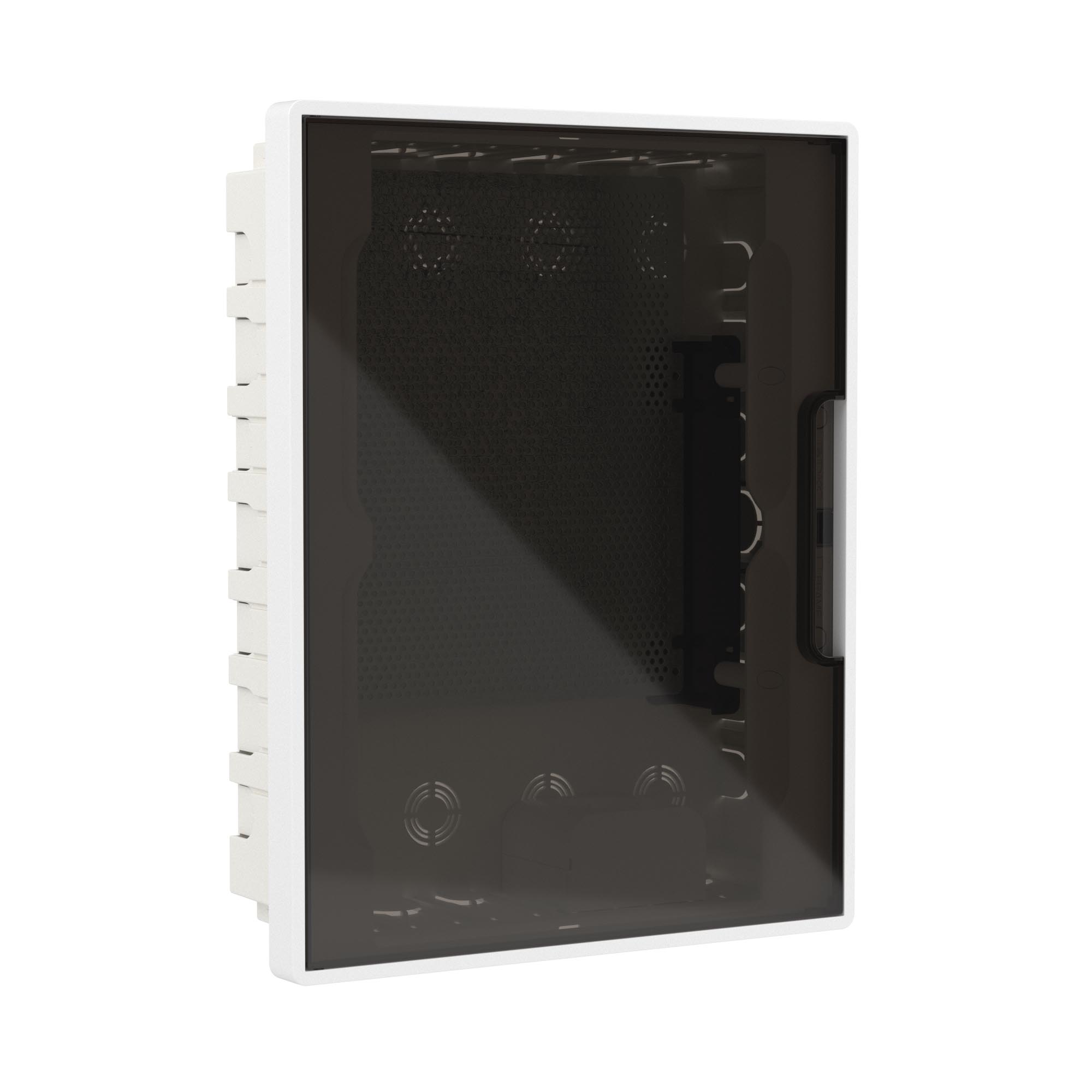Модульные щитки "Фрейм" (FRAME) встраиваемые Щиток 24 мод встраиваемый слаботочный Фрейм (FRAME), белый, с тонированной дверцей, с монтажной платой, 1 розеткой (арт. 45005) и 1 коробкой (арт. 10033) DKC|ДКС
