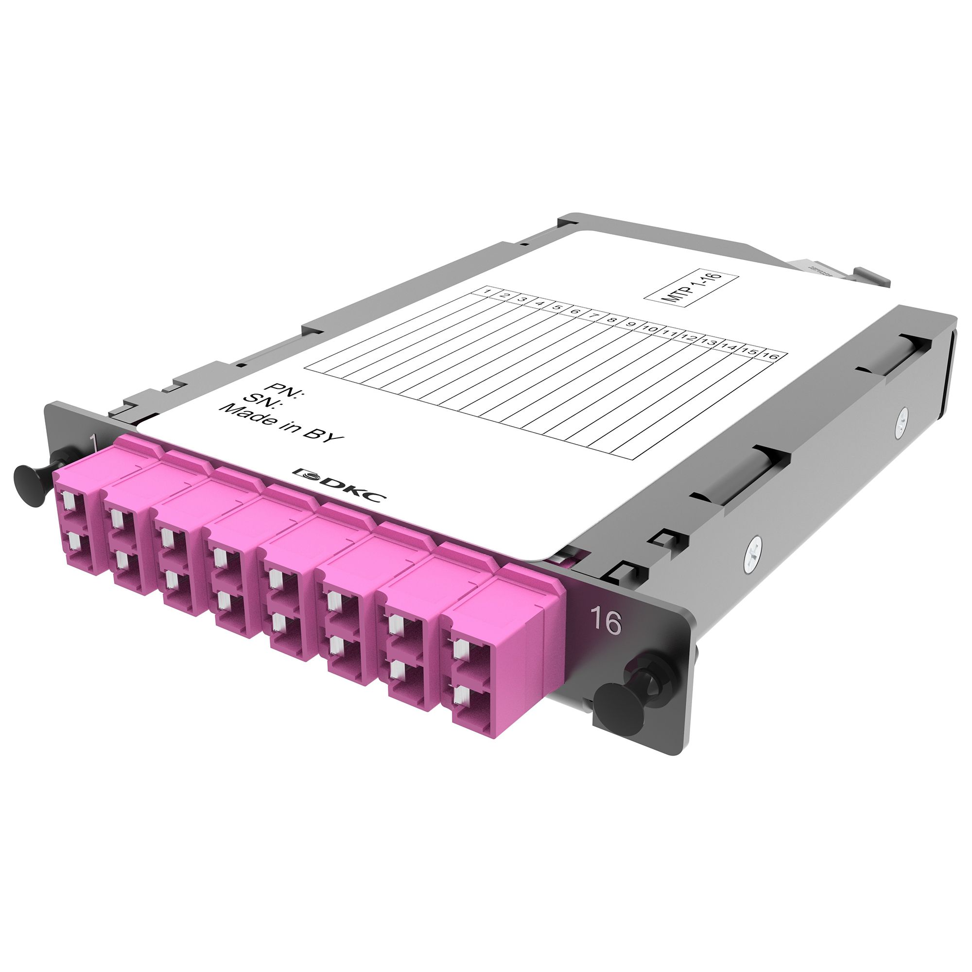 Оптические претерминированные кассеты Претерминированная кассета 16 ОВ, OM4, 1xMTP(16)f 8? APС/8xLC двухволоконный (Duplex), (синтегрированными шторками), 1/2HU DKC|ДКС