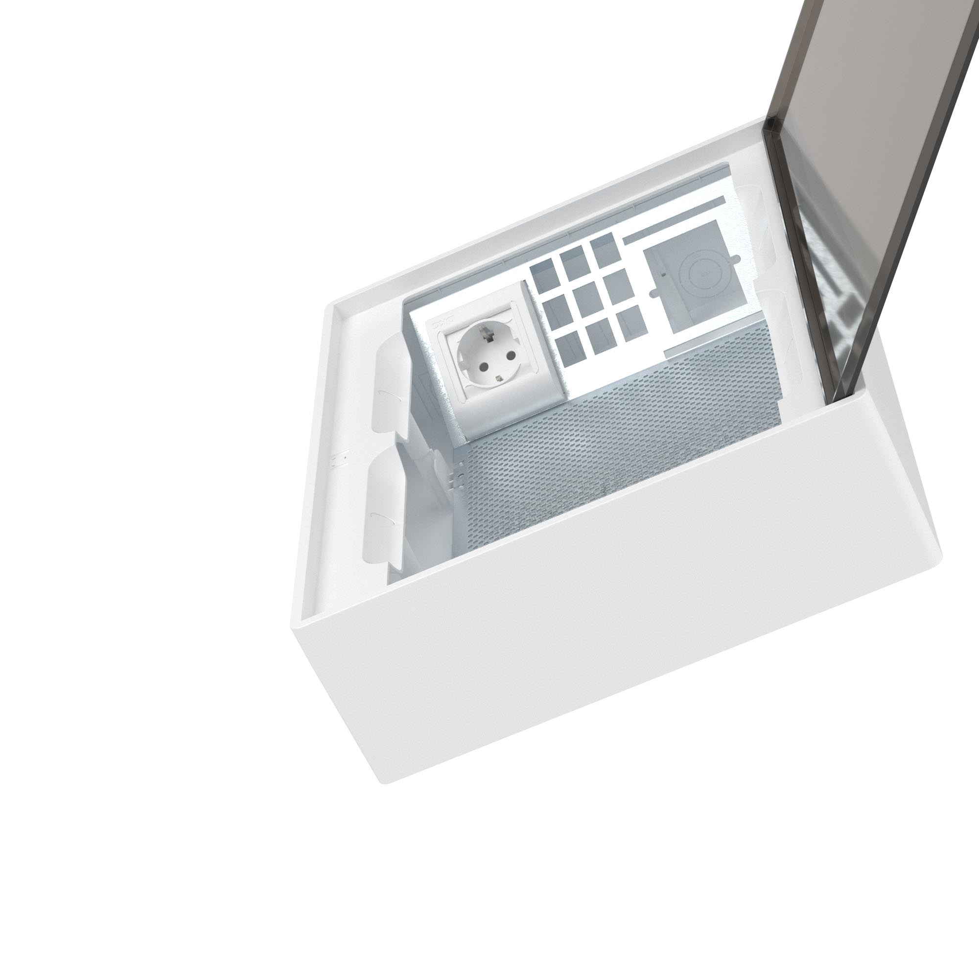 Щиток 24 мод настенный слаботочный Фрейм (FRAME), белый, с тонированной дверцей,  с монтажной платой, 1 розеткой (арт. 76482B) и установочной рамкой