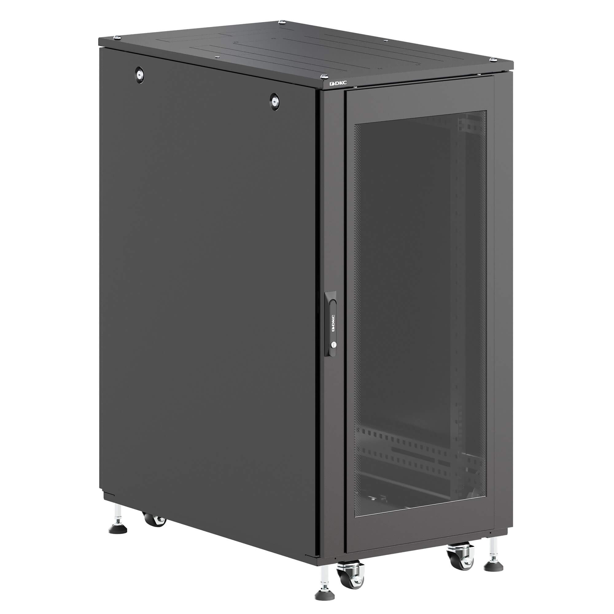 ИТ шкаф напольный 19'' 24U 600x600мм, крыша с вырубкой, дверь стекло и сплошная металл, одинарные боковые панели, черный RAL9005