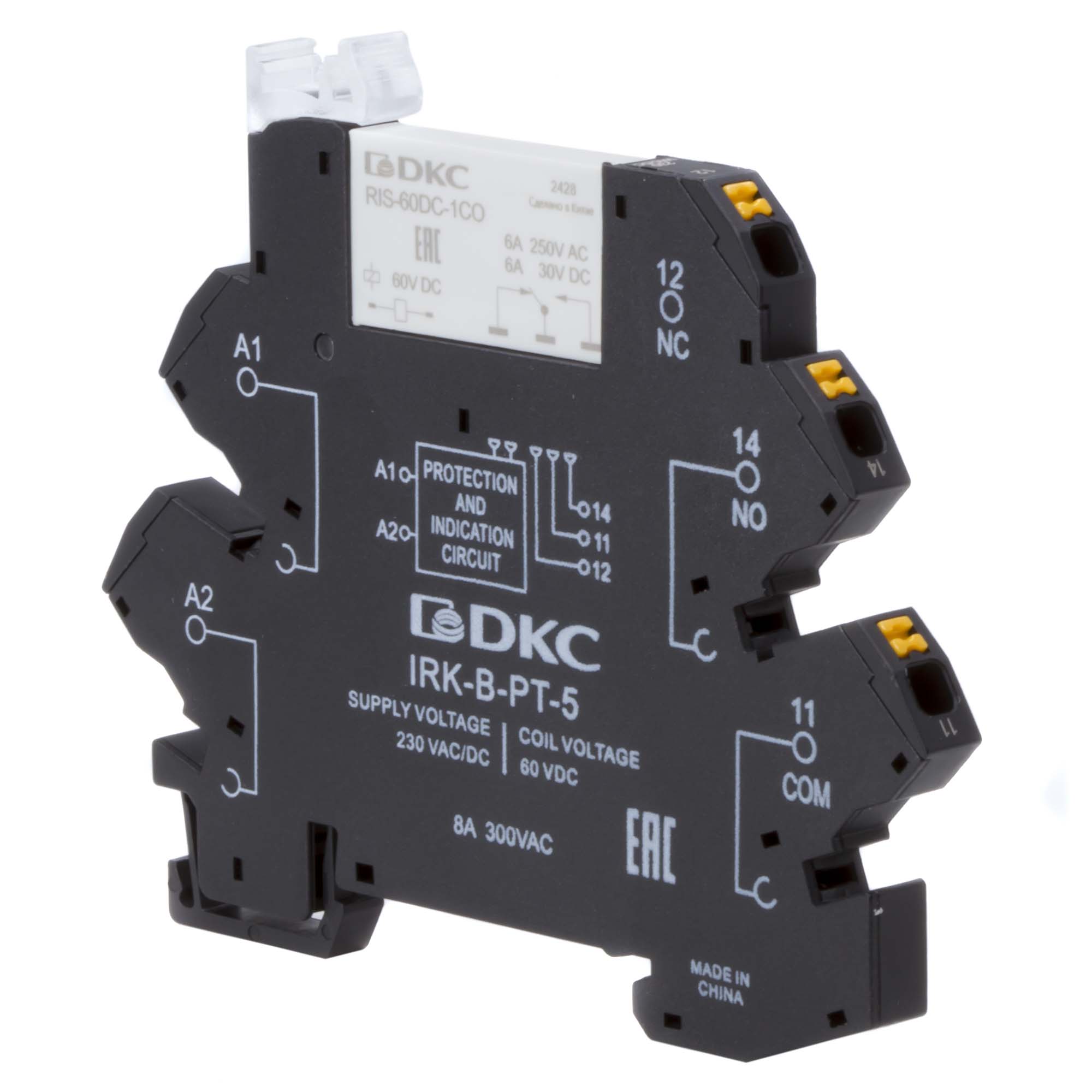 Реле интерфейсное, 1CO, ком. ток 6А, AgSnO₂, напряжение 230V AC/DC, RC-цепь, push-in клеммы.