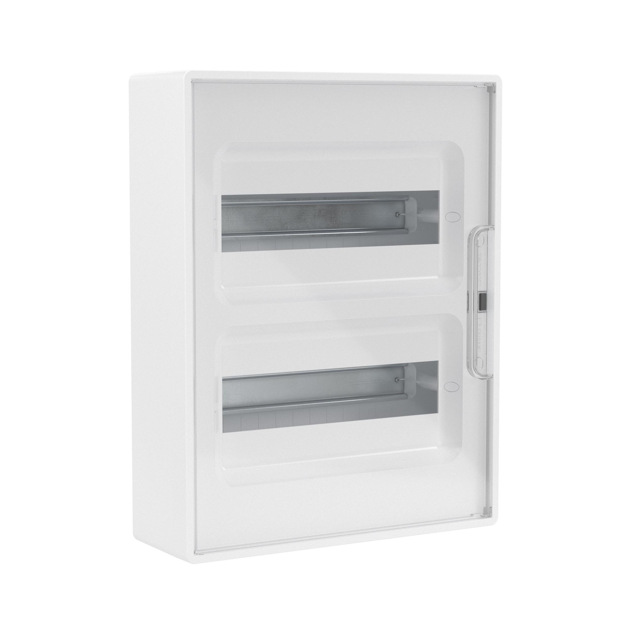 Plastic shield 24 mod wall mounted, white, with transparent door, with 2 PEN busbar 8 holes, and 2 PEN busbar 6 holes