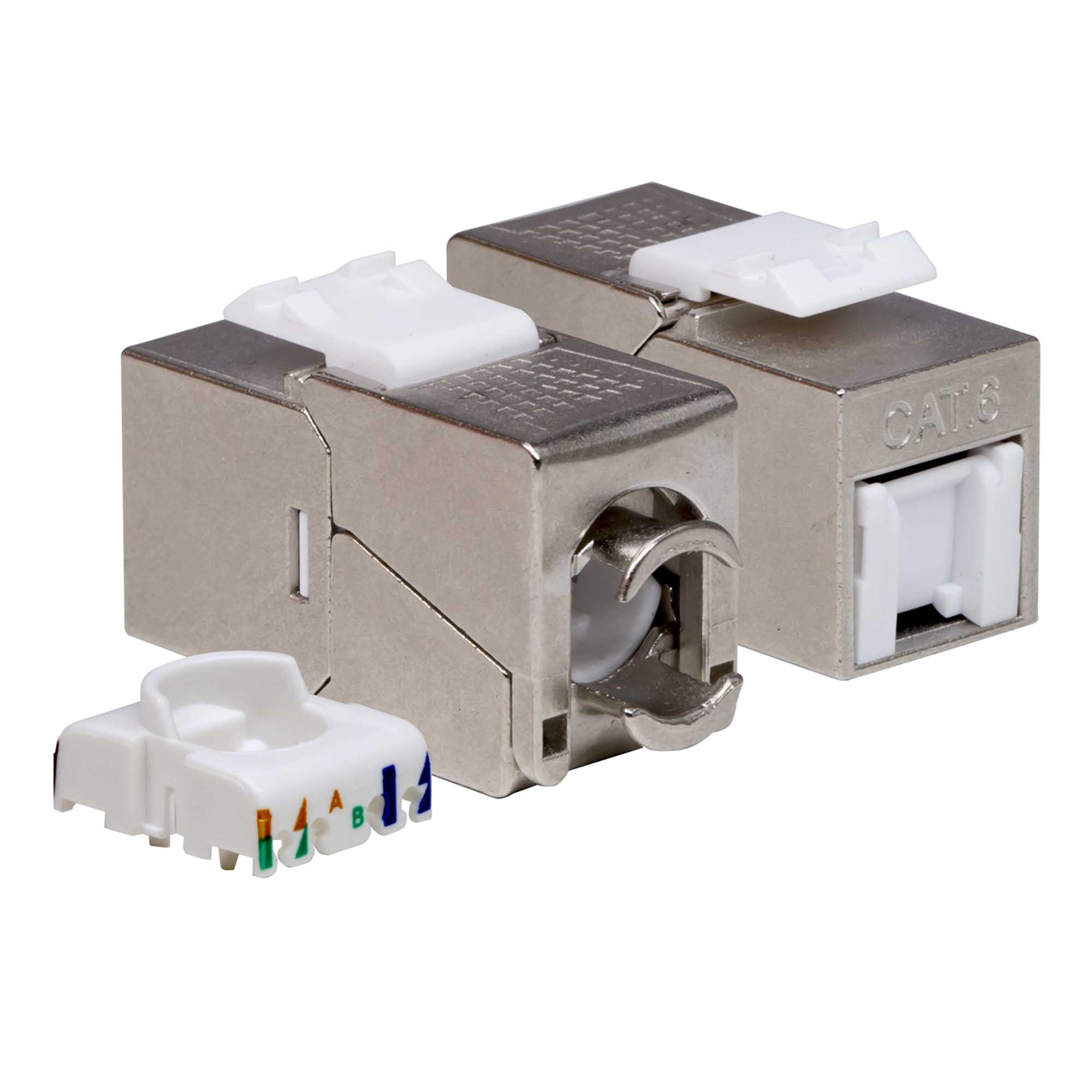 Модуль Кейстоун (Keystone) RJ45 CAT 6 с пылезащитной шторкой, экранированный (STP),180 градусов, Toolless, серебристый