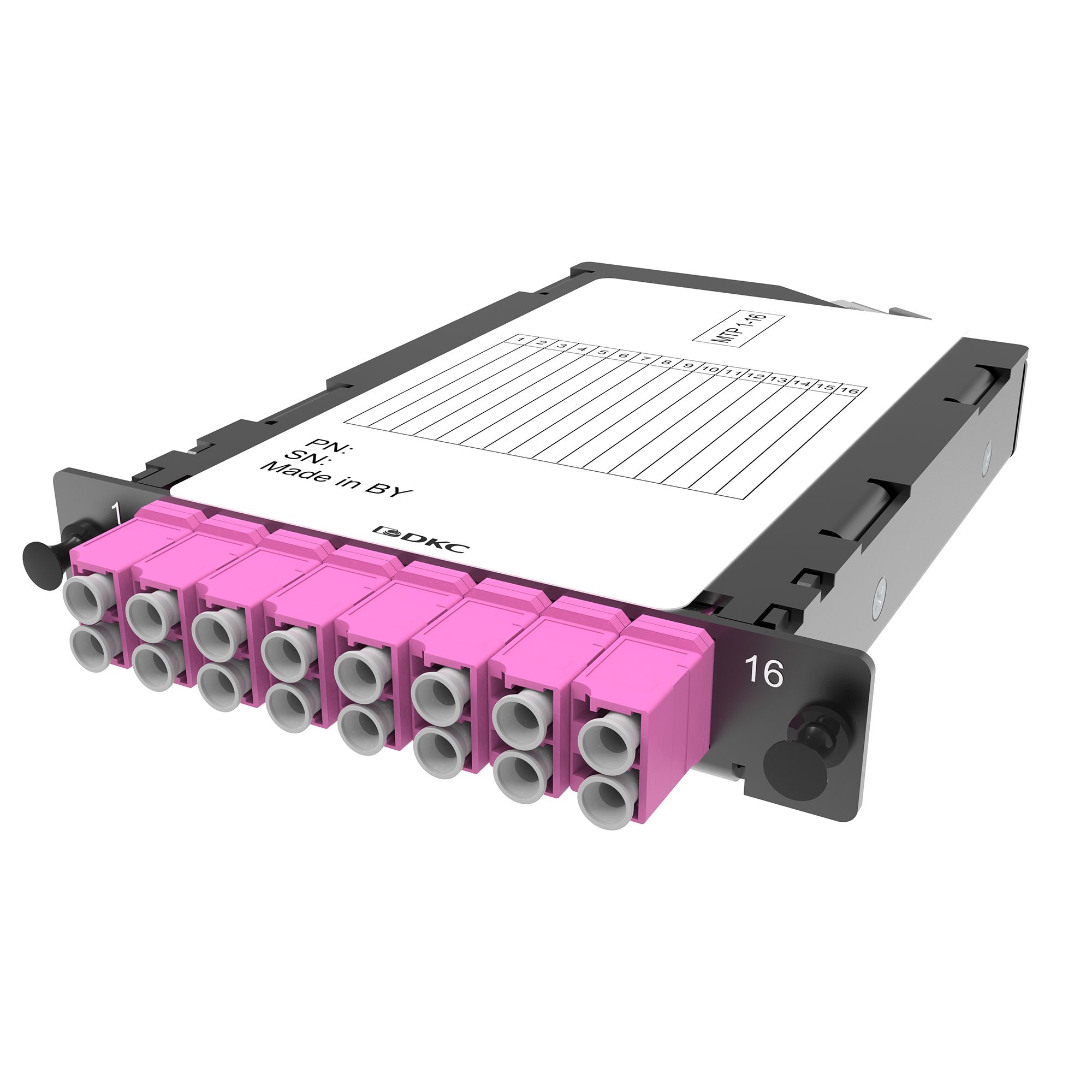 Оптические претерминированные кассеты Претерминированная кассета 16 ОВ, OM4, 1xMTP(16)f 8? APС/8xLC двухволоконный (Duplex),1/2HU DKC|ДКС