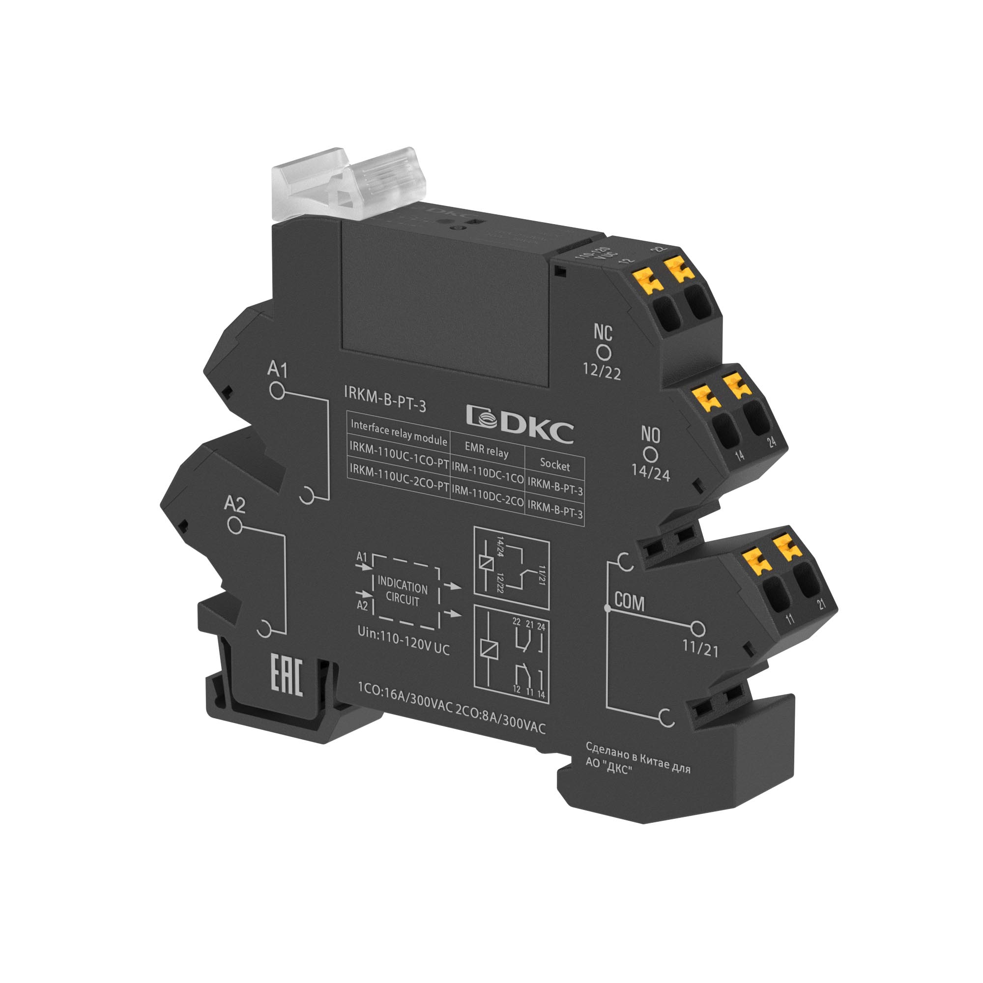 Реле интерфейсное, 1CO, ком. ток 16А, AgSnO2, напряжение 110V AC/DC, push-in клеммы.