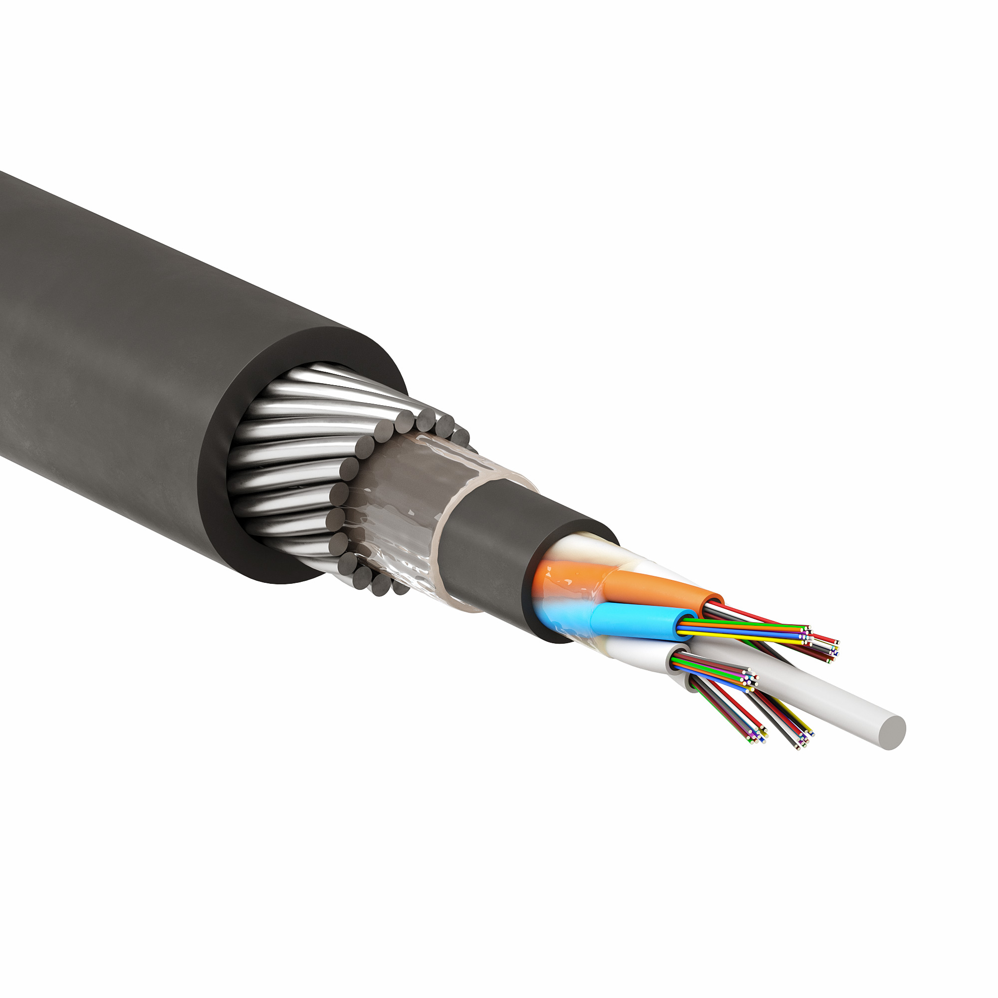 Кабели внешней прокладки в броне из стальных проволок Кабель волоконно-оптический, модульный, бронированный стальными прутками, для прокладки в грунт, PE, 64 ОВ, категория OS2 (G.652.D), 80 кН DKC|ДКС