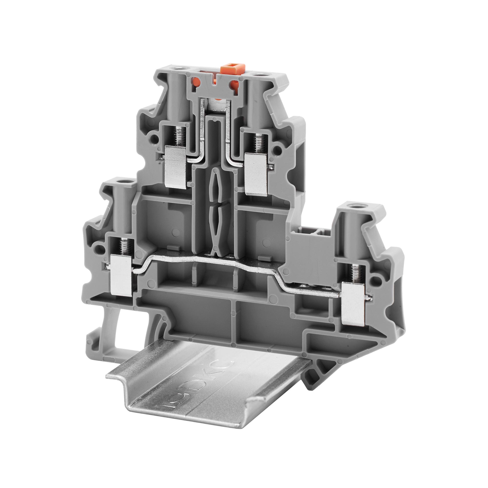 Клемма двухуровневая, верхний уровень с размыкателем, нижний -проходной,винтовой зажим, 4 точки подключения, 4 кв.мм, серая