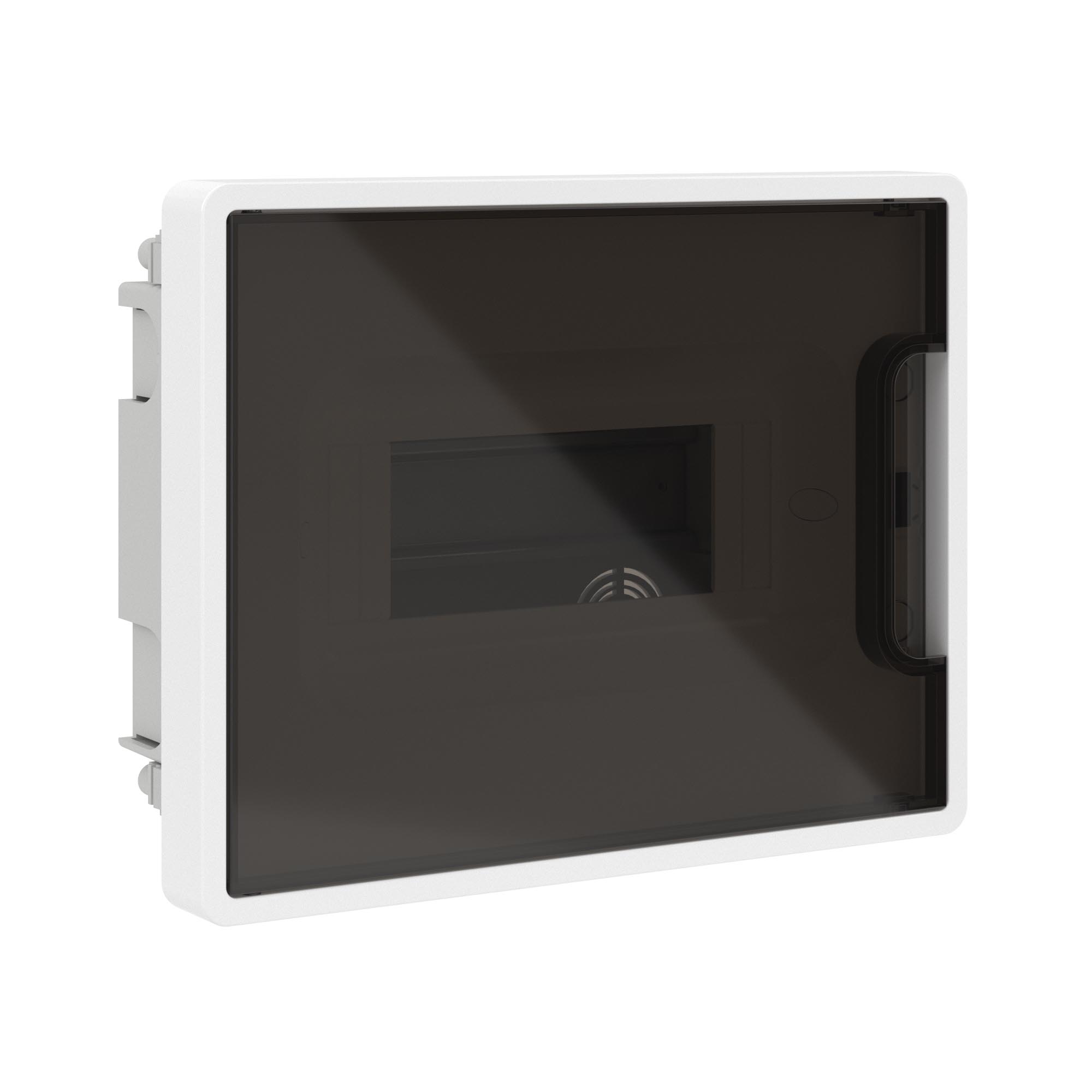 Модульные щитки "Фрейм" (FRAME) встраиваемые Щиток 8 мод встраиваемый для полых стен Фрейм (FRAME), белый, с тонированной дверцей, с 2 шинами PEN на 8 и 6 отв. DKC|ДКС