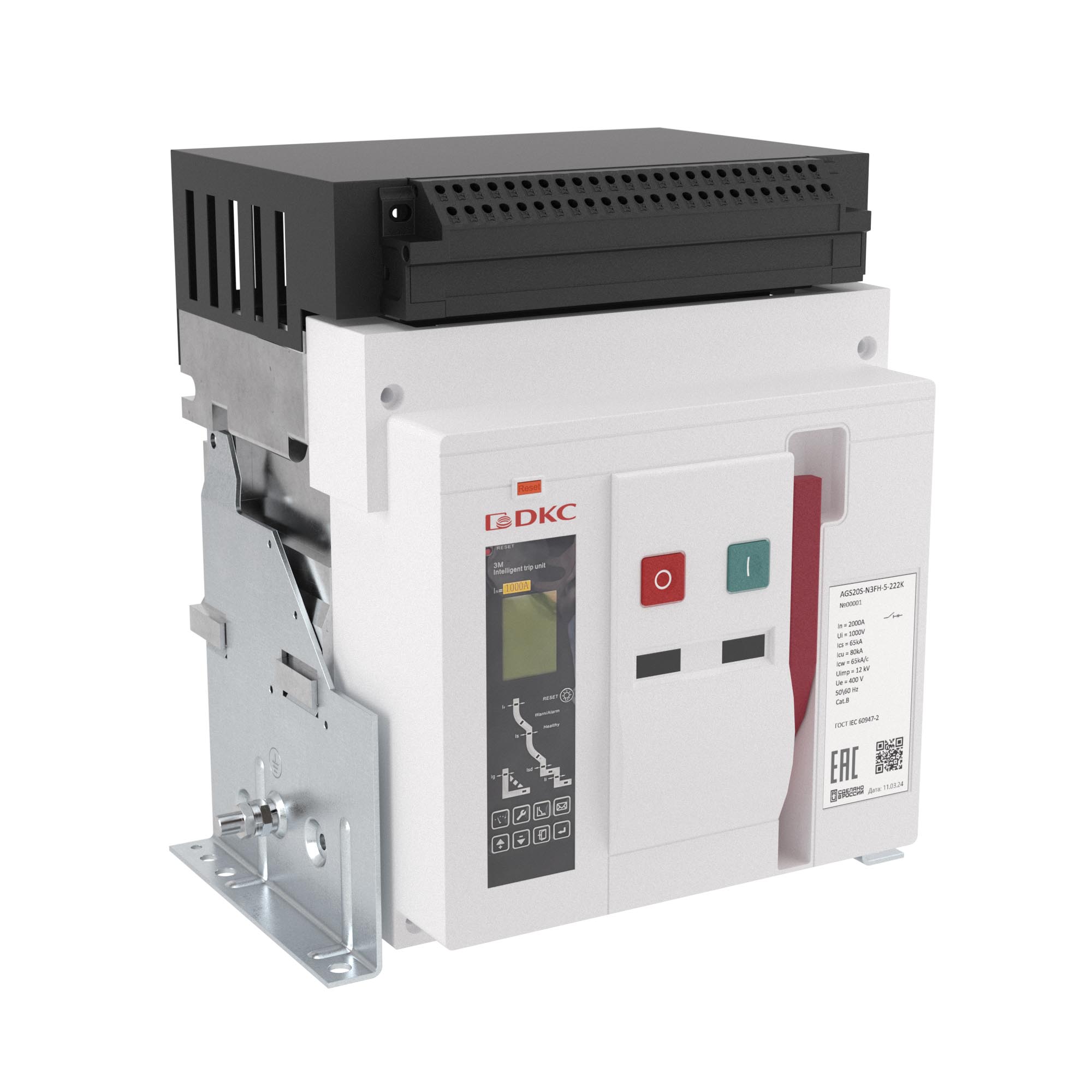 Воздушные автоматические выключатели «YON макс» (YON max) AGS Воздушный автоматический выключатель YON AGS10S 3Р 1000 А 80 кА, типоразмер N, расцепитель 3M, фиксированный,  горизонтальное подключение DKC|ДКС