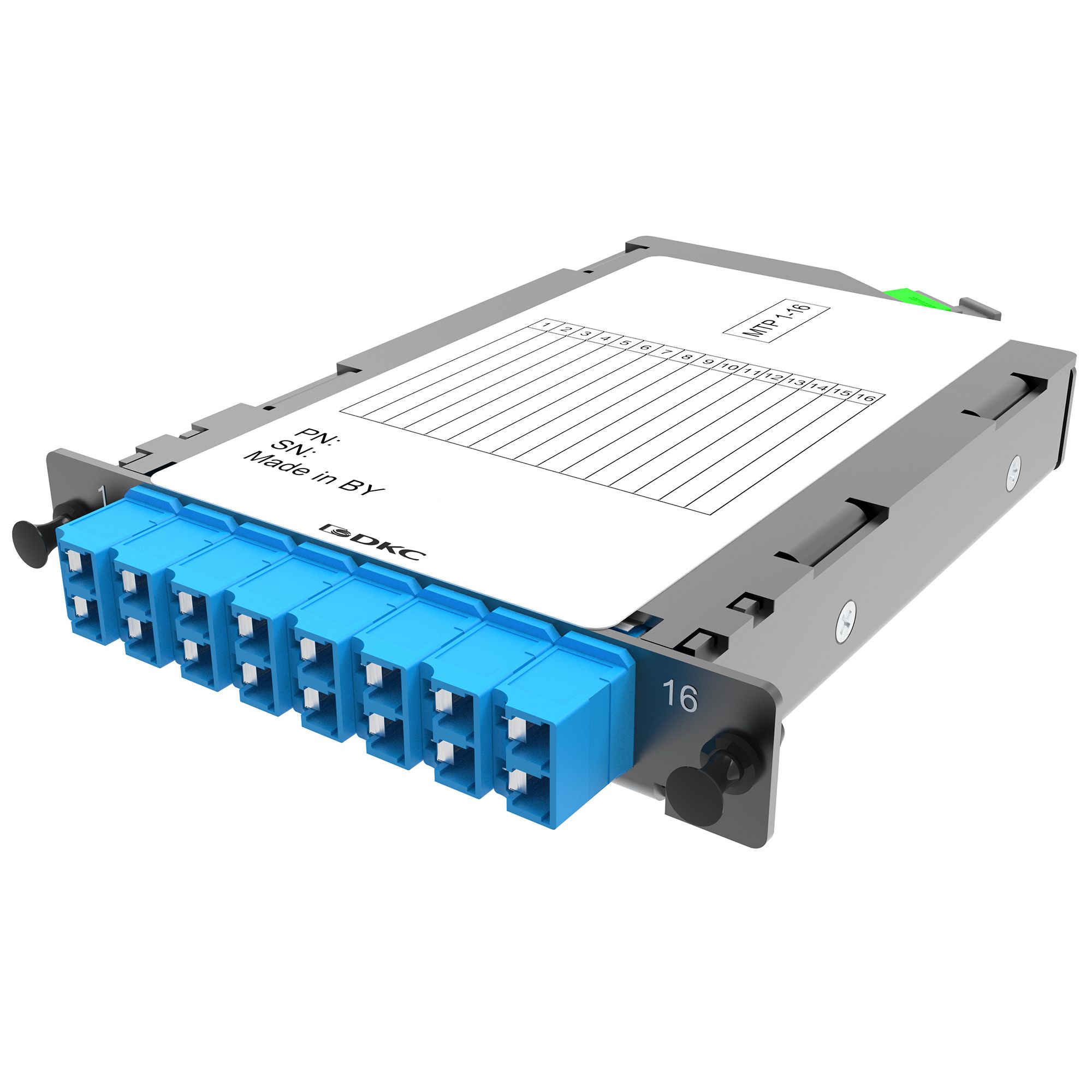 Оптические претерминированные кассеты Претерминированная кассета 16 ОВ, OS2, 1xMTP(16)f/8xLC-UPC двухволоконный (Duplex), (синтегрированными шторками), 1/2HU DKC|ДКС