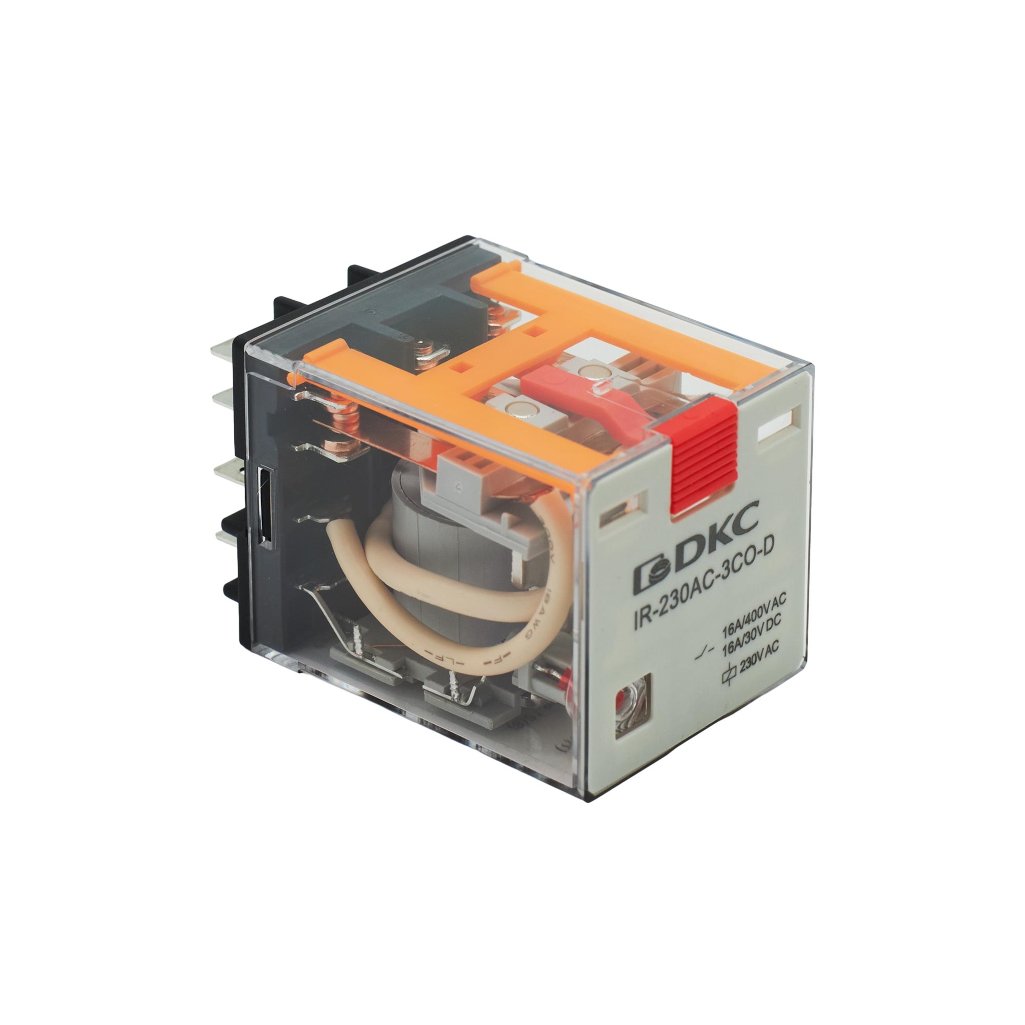 Реле миниатюрное силовое, 3CO, ком. ток 16А, AgSnO2, напряжение 24V AC, опция: тест-кнопка+светодиод