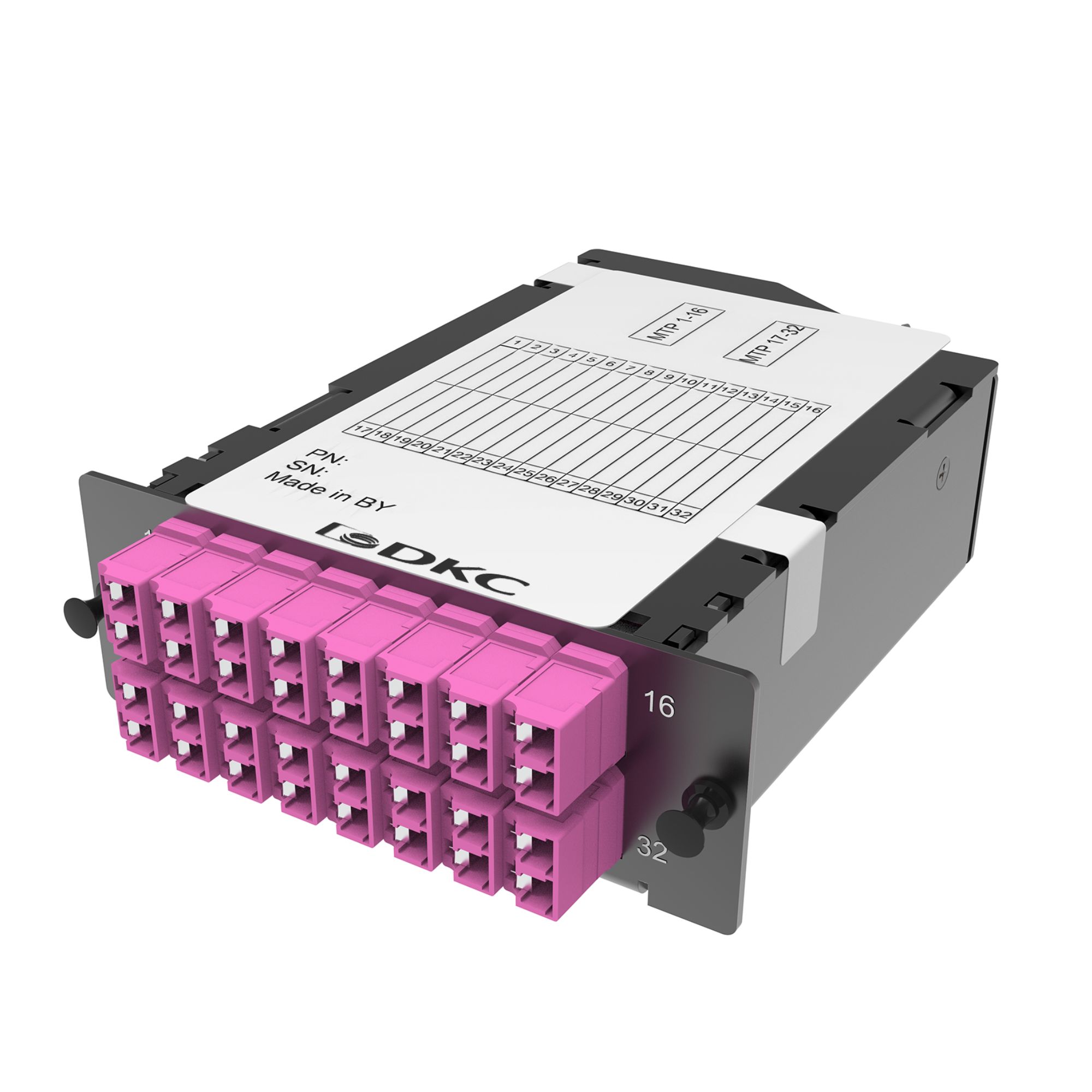 Оптические претерминированные кассеты Претерминированная кассета 32 ОВ, OM4, 2xMTP(16)f/16xLC двухволоконный (Duplex), (синтегрированными шторками), 1 HU DKC|ДКС