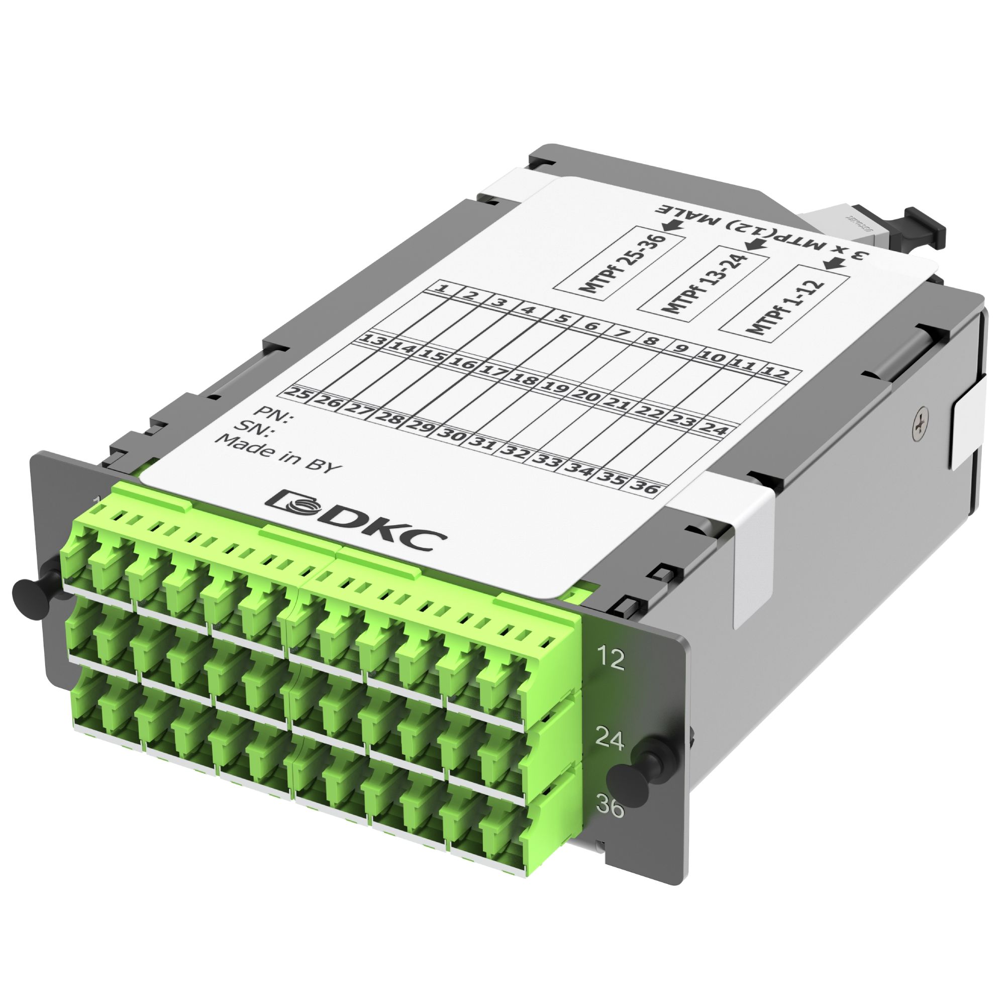 Оптические претерминированные кассеты Претерминированная кассета 36 ОВ 50/125 OM5, 3xMTP(12)f/18xLC двухволоконный (Duplex) (с интегрированными шторками), 1 HU DKC|ДКС