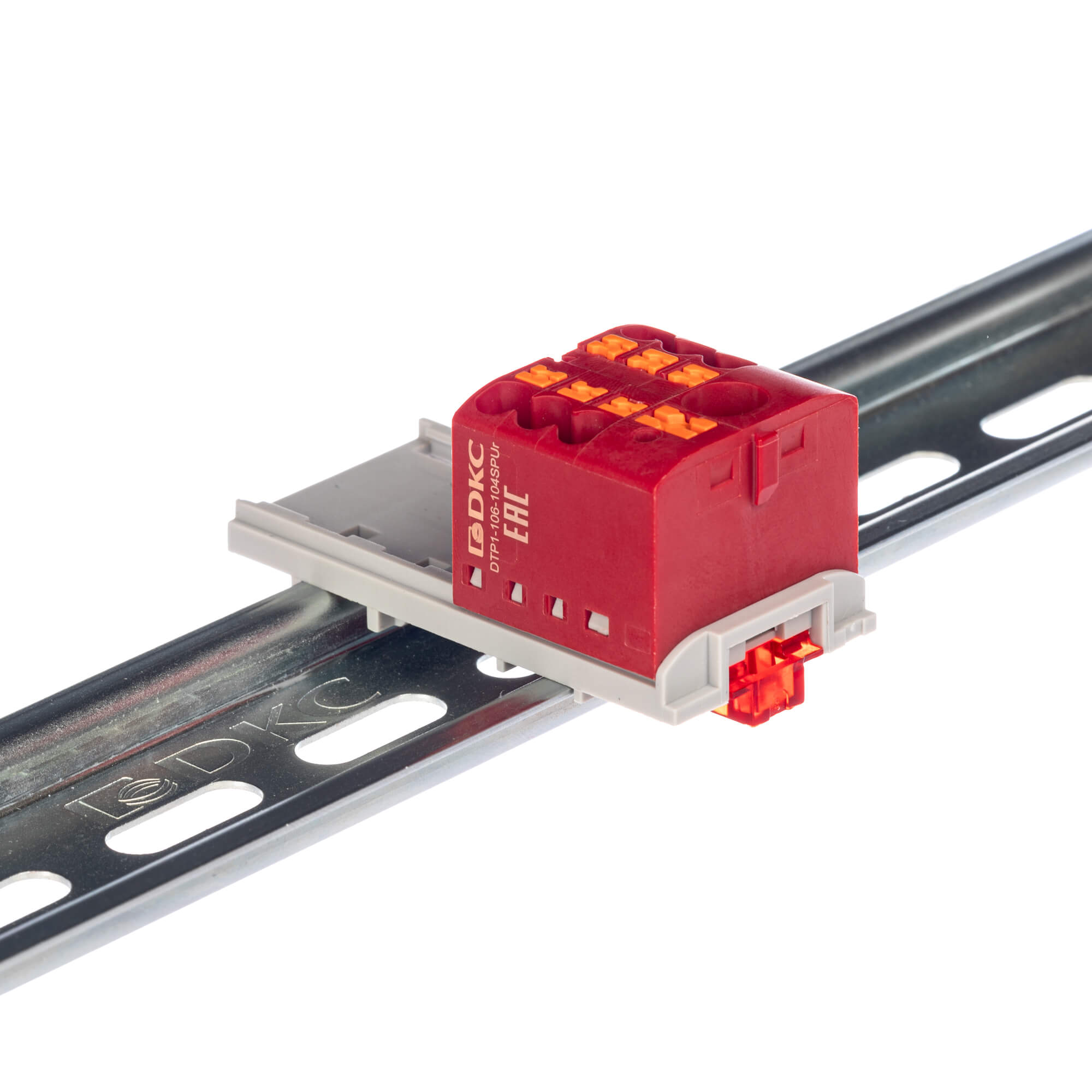 Блок распределительный с верт. адаптером на рейки шириной 15/35мм, зажим push-in, 1 ввод 6 кв.мм, 6 точек подключения 2,5 кв.мм, красный