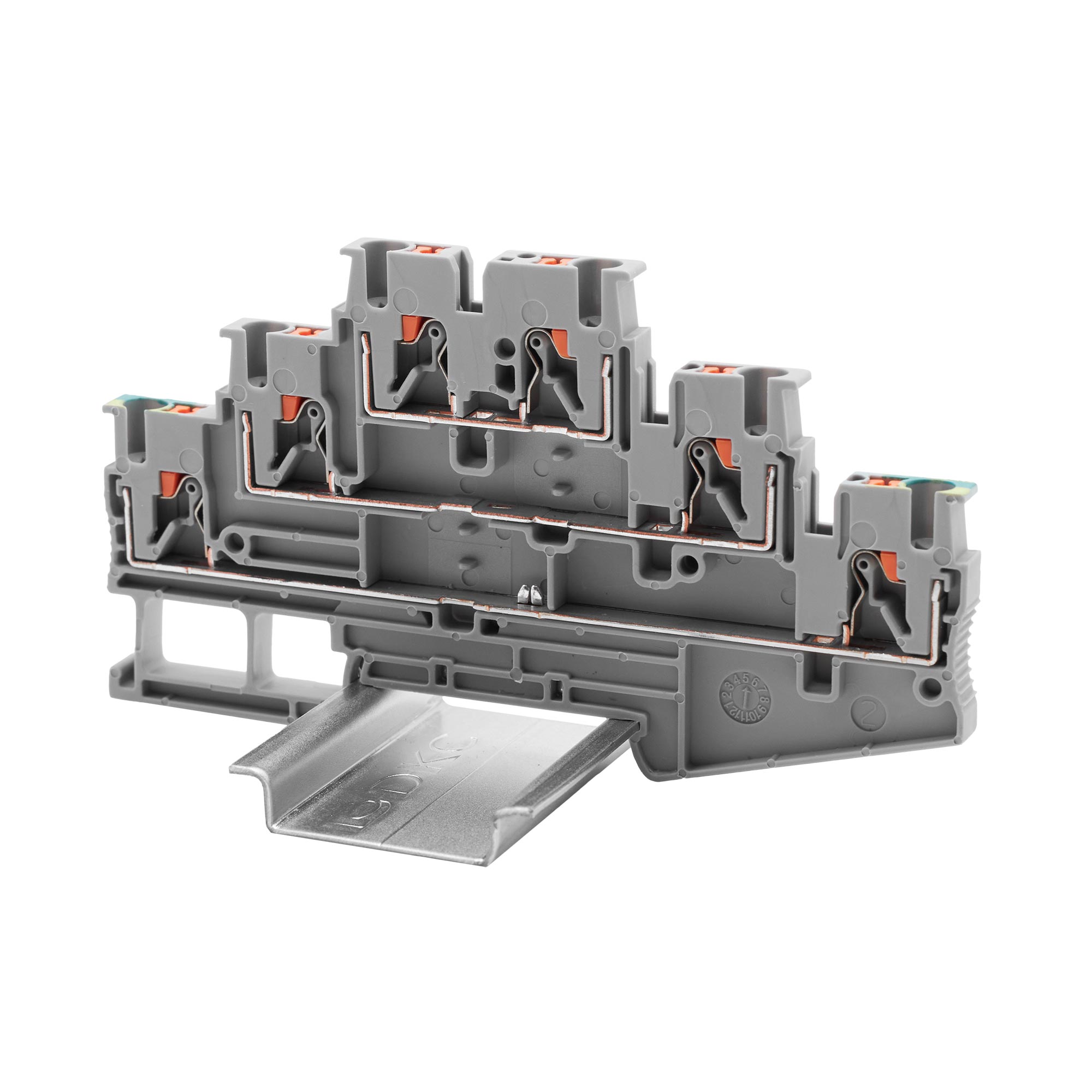 Клемма трехуровневая, два проходных уровня и заземление, зажим push-in, 6 точек подключения, 2.5 кв.мм