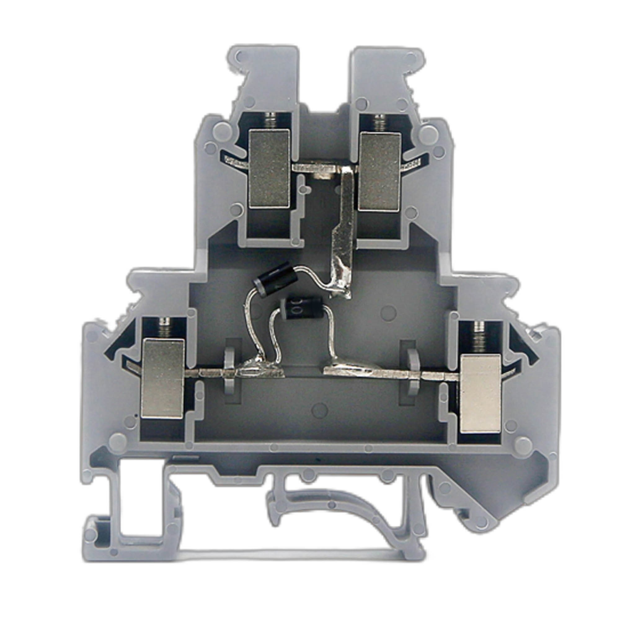 Клемма со встроенным диодом, двухуровневая, два диода: один междуверхним и нижним уровнем, второй - между выводами нижнего уровня катодобоих диодов соединен с нижним левым выводом, винтовой зажим, 4 точкиподключения, 4 кв.мм, серая