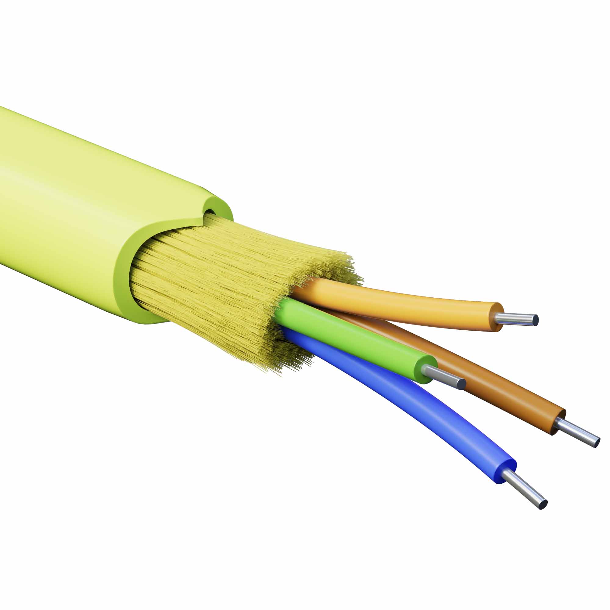 Кабели для внутренней прокладки с волокнами ОМ5 Кабель волоконно-оптический, распределительный, арамидные упрочняющие нити, для внутренней прокладки, нг(А)-HF, 4 ОВ, категория OM5 (G.651.1) плотный буфер, 0,4 кН, барабан 2000 м DKC|ДКС