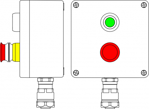 GRP terminal post 160x160x90мм 1Ex d e IIC T5 Gb X IP66 Ex tb IIIB T95C Db X Temperature Classes Т5 40°C Grounding rings Quantity of control elements: Contact block 1NC/1NO + Danger button P3E Red 1 pcs. Contact block 1NC/1NO + Button P1 Green 1 pcs. Quan