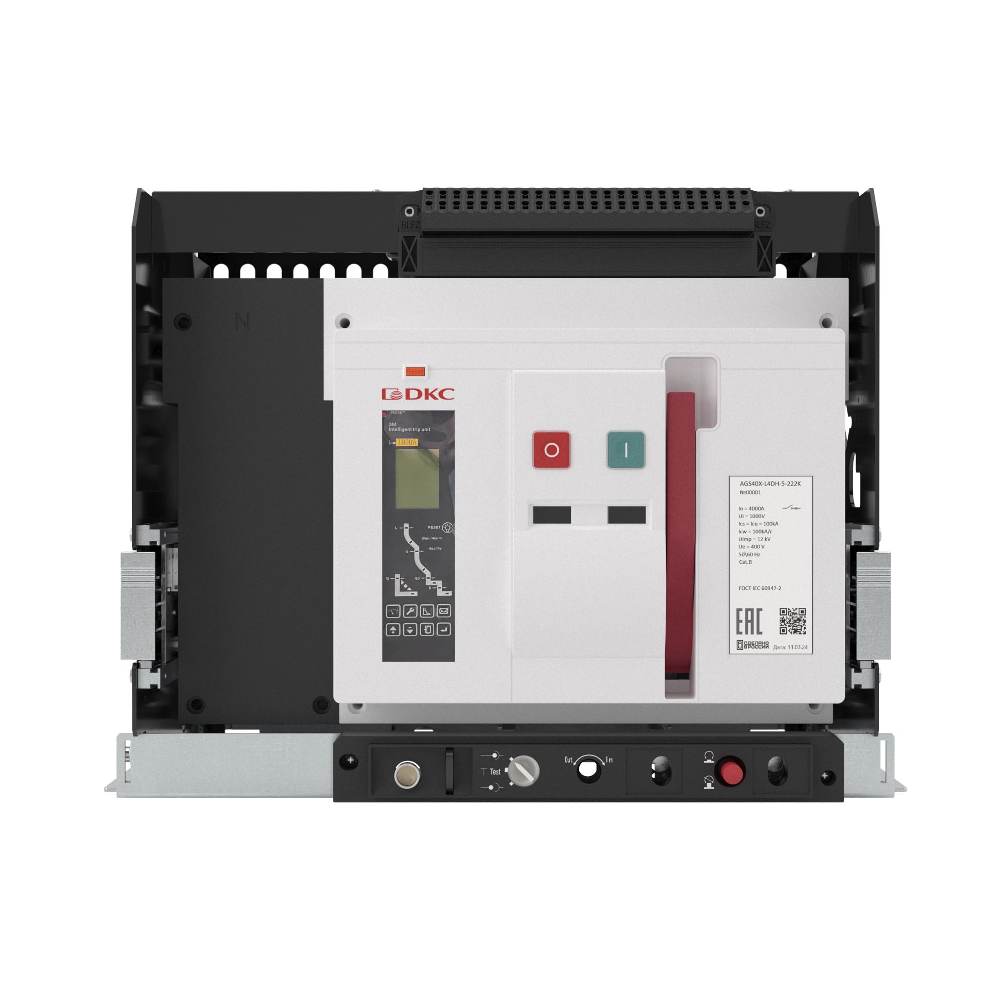 Воздушные автоматические выключатели YON max AGS Воздушный автоматический выключатель YON AGS40X 4Р 4000 А 100 кА, типоразмер L, расцепитель 3H, выкатной, управление 220 В AC, горизонтальное подключение DKC|ДКС