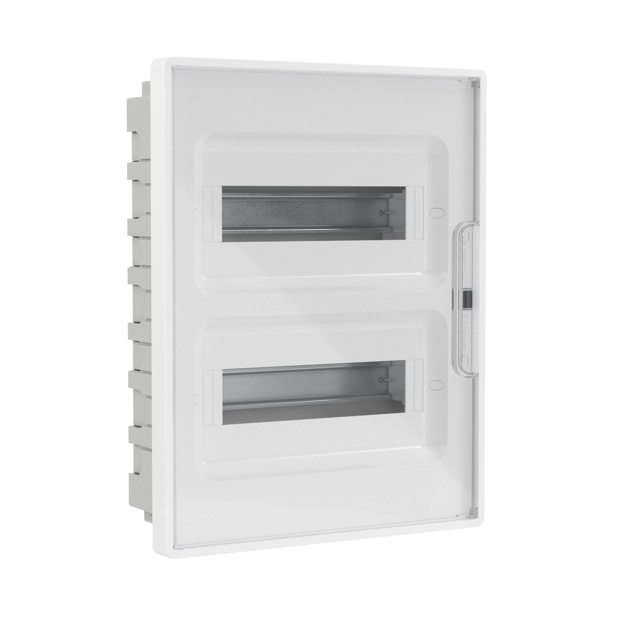 Модульные щитки "Фрейм" (FRAME) встраиваемые Щиток 24 мод встраиваемый для полых стен Фрейм (FRAME), белый, с прозрачной  дверцей, с 4 шинами PEN (2шт на 8 отв. и 2шт на 6 отв.) DKC|ДКС