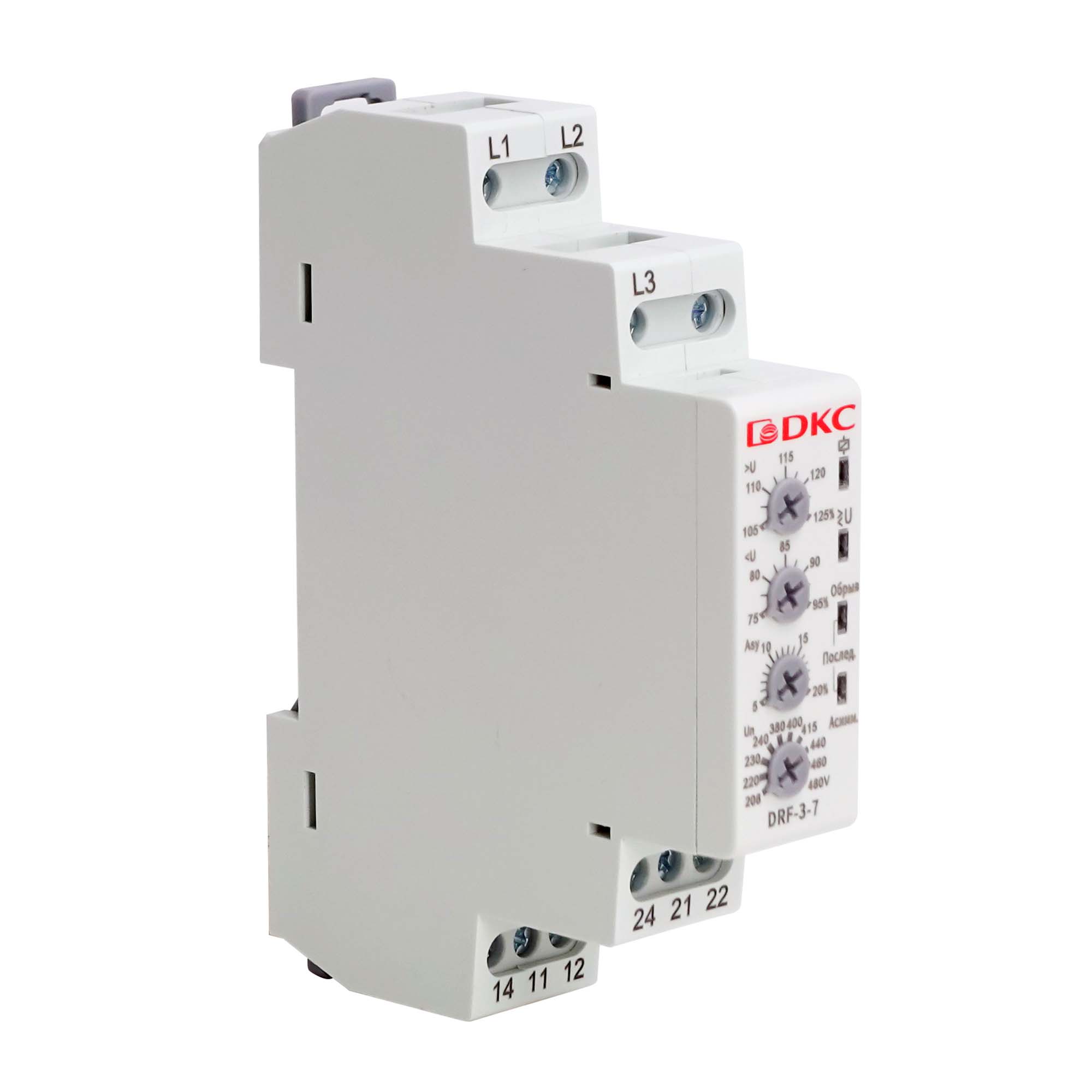 Реле контроля фаз, 3 фазы + N, тип DRF, контроль напряжения , контроль обрыва фаз, котроль чередования фаз, контроль асимметрии, конфигурация контакта 2CO, 120-277В