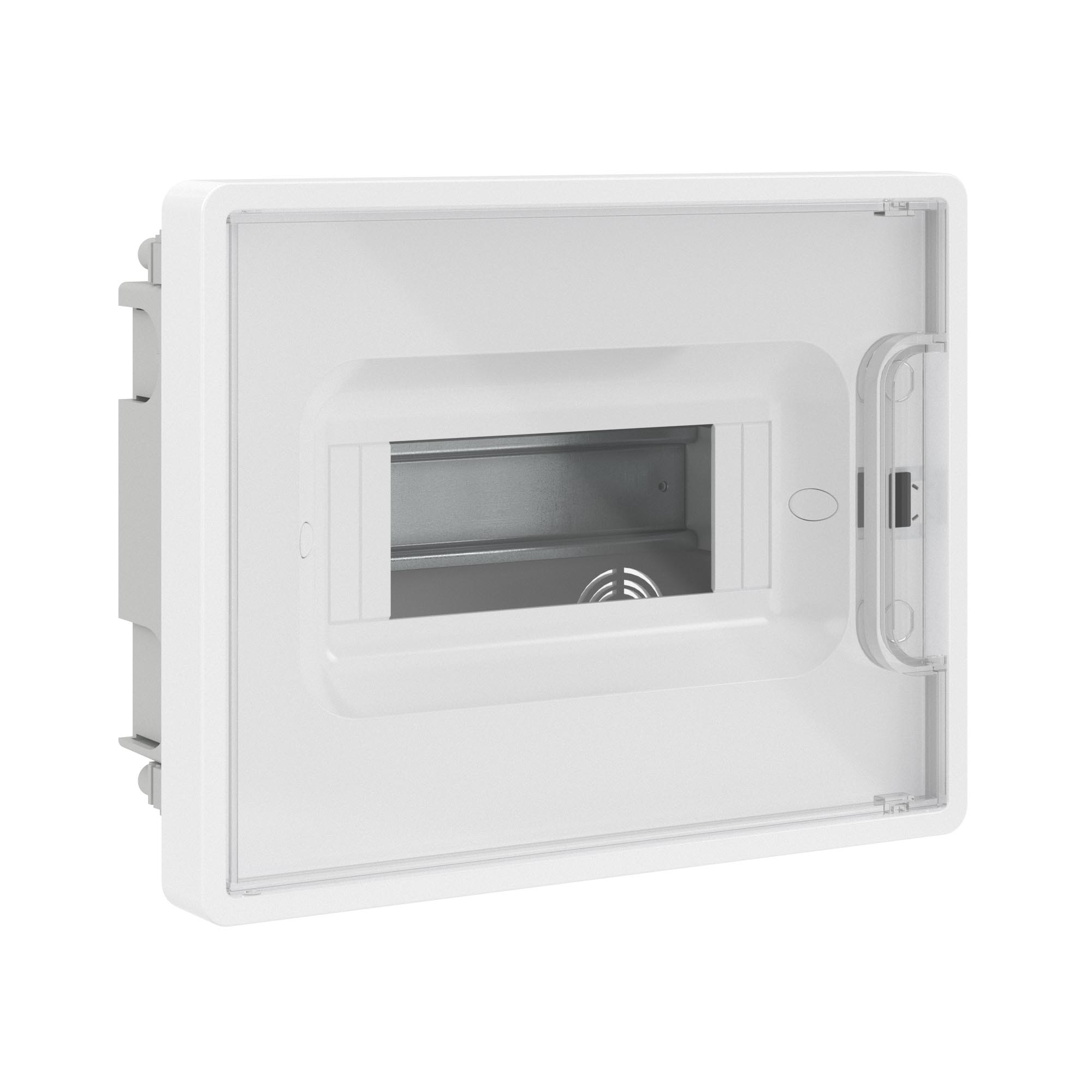 Модульные щитки "Фрейм" (FRAME) встраиваемые Щиток 8 мод встраиваемый для полых стен Фрейм (FRAME), белый, с прозрачной дверцей, с 2 шинами PEN на 8 и 6 отв. DKC|ДКС