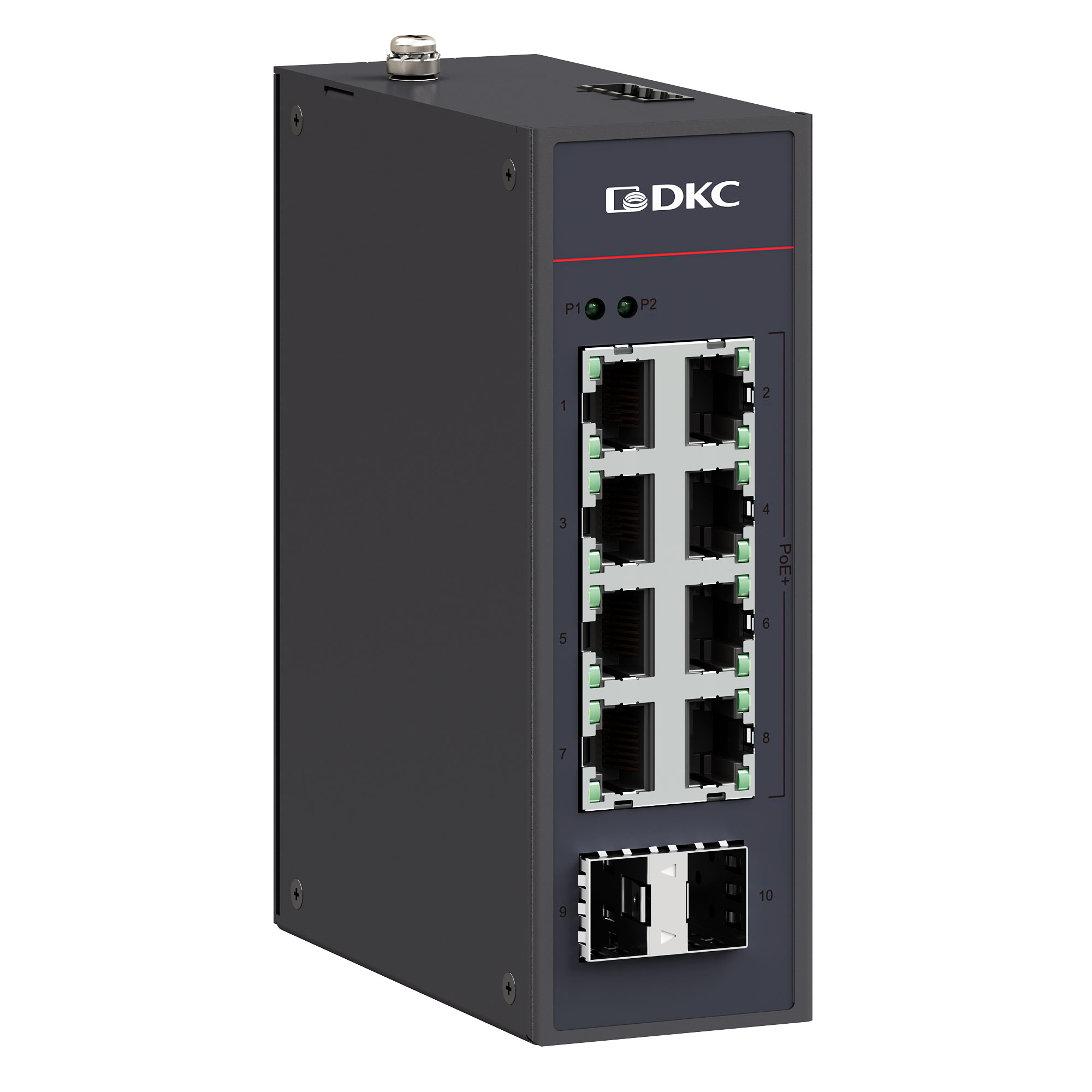 Industrial unmanaged Ethernet switch with PoE/PoE+, 2×10/100/1000Base-XSFP slots, 8×10/100/1000Base-T(X) RJ45 ports (8×PoE), 48–57 V DC,redundant power