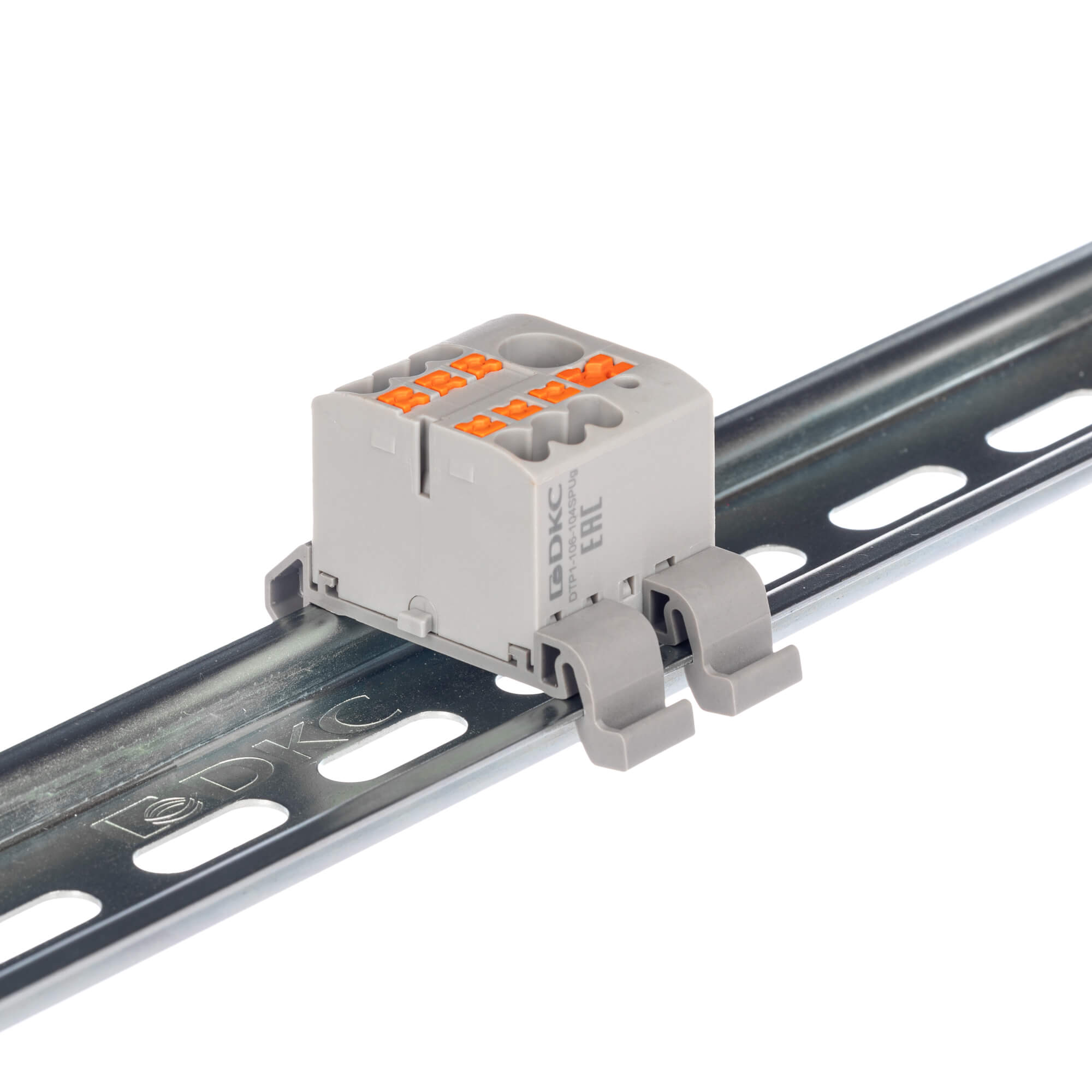 Блок распределительный с гориз. адаптером на рейку шириной 35мм, зажим push-in, 1 ввод 6 кв.мм, 4 точки подключения 2,5 кв.мм, серый