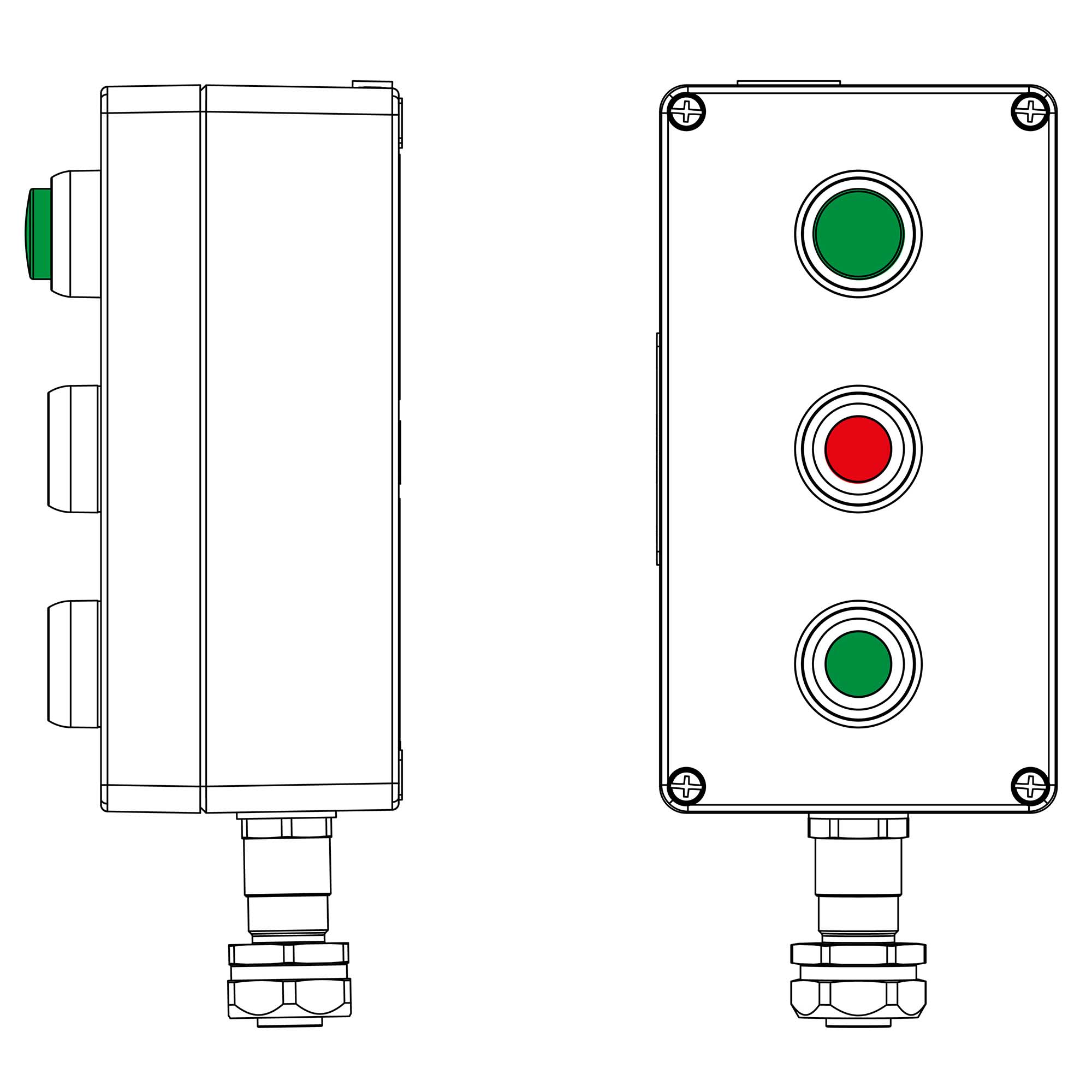 Взрывозащищенные посты Ex e Ex i Взрывозащищенный пост управления из алюминия CPE-A-14-(1xLG(250)-1xP1R(11)-1xP1G(11))-1xKAEPM2MHK-20(B)1Ex d e IIC Т5 Gb / Ex tb IIIC T95°C DbIP66 DKC|ДКС