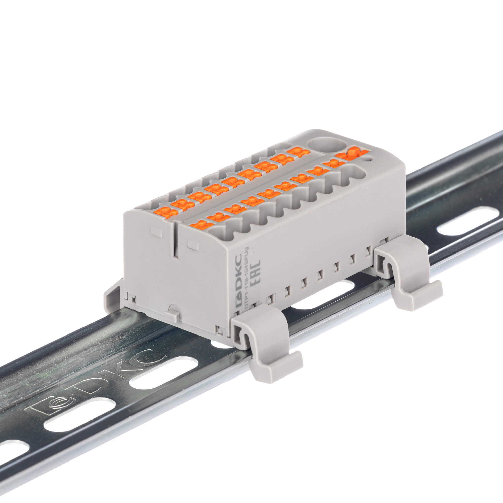 Блок распределительный с гориз. адаптером на рейку шириной 35мм, зажим push-in, 1 ввод 6 кв.мм, 18 точек подключения 2,5 кв.мм, серый