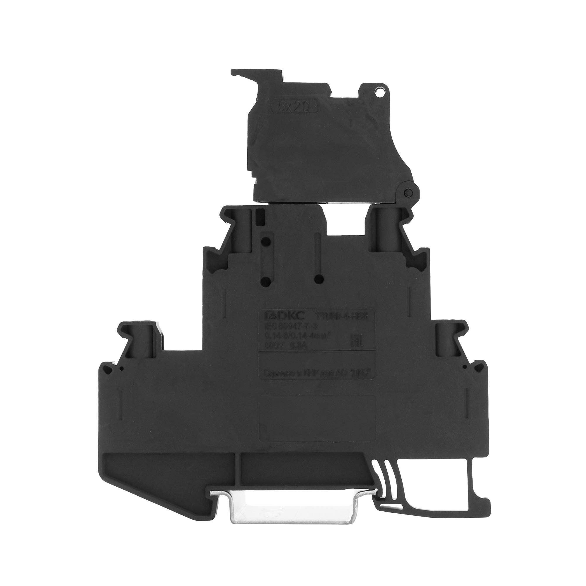 Клемма двухуровневая, верхний уровень для предохранителя, индикация 250В, нижний -проходной, винтовой зажим, 4 точки подключения, 4 кв.мм