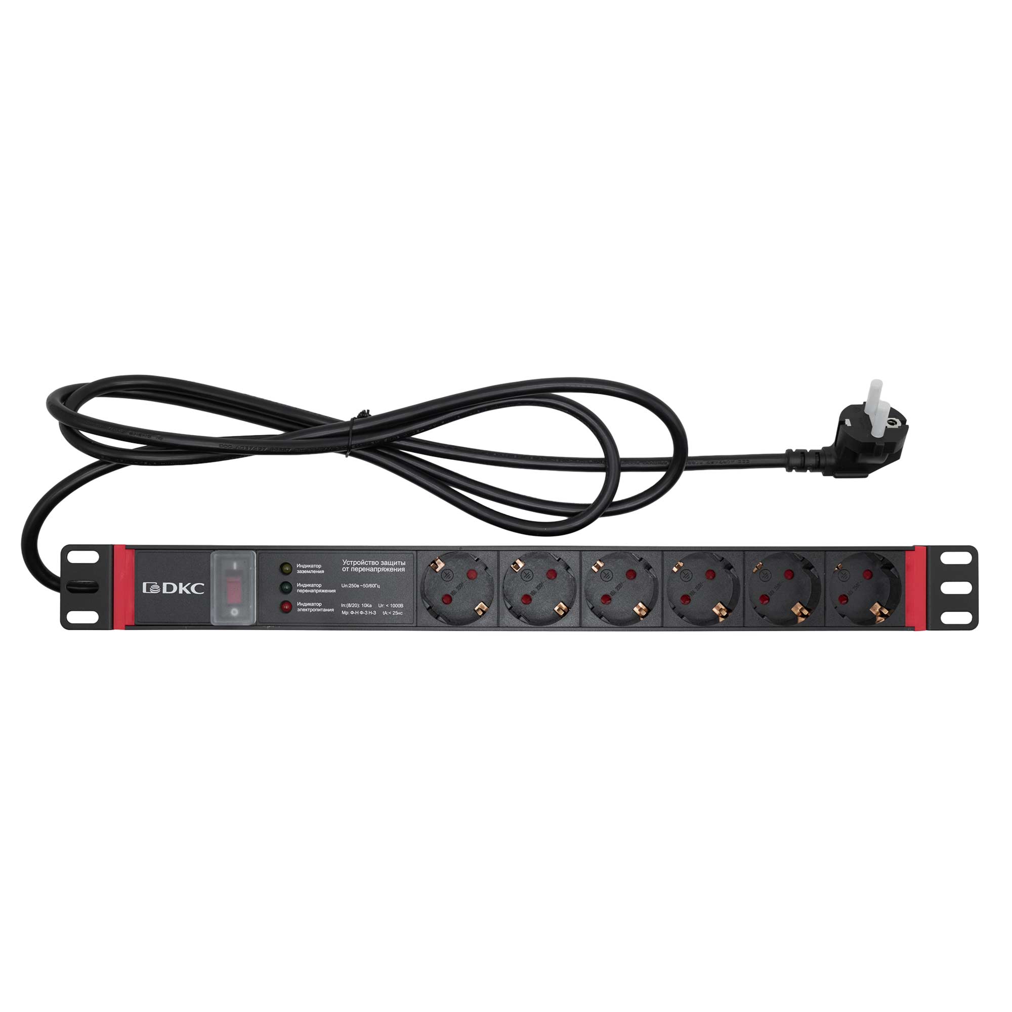 Горизонтальные блоки распределения питания Блок распределения питания (PDU) 19" 16A с выключателем и защитой, Вых:6 Schuko, Вх: Schuko DKC|ДКС