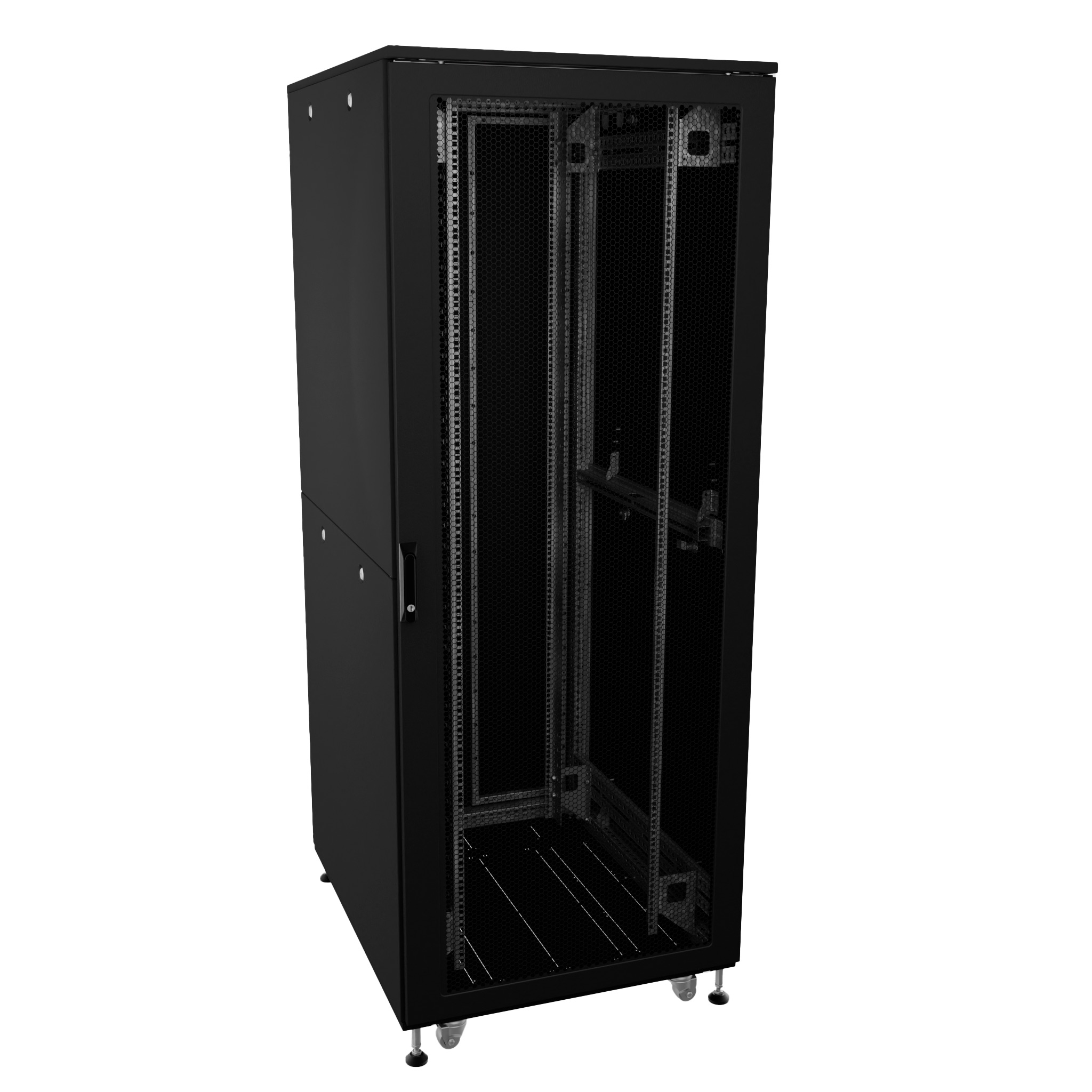 Шкаф напольный разобранный 19'' IT-CQE-N 47U 600x600мм, крыша с вырубкой, дверь перф. и перф., двойные боковые панели, черный RAL9005